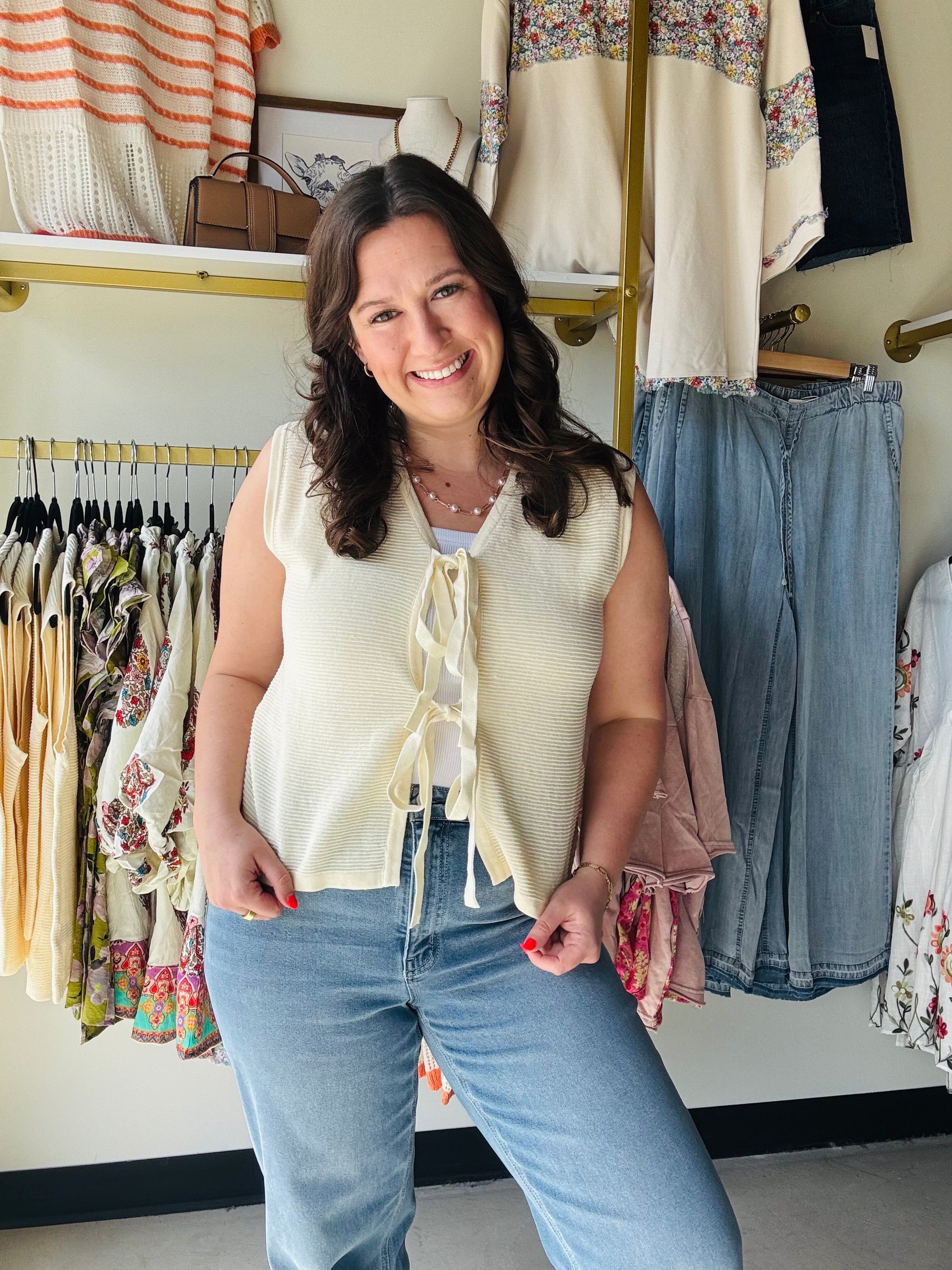 Anniewear

Elevate your everyday style with this chic ivory textured sweater vest featuring romantic front-tie bow details. This lightweight essential is the ultimate layering piece, adding sophisticated texture and a feminine touch to any outfit.

Front-tie bow accents
Premium, soft textured knit
Versatile ivory for easy styling
Perfect for effortless layering
Flattering, feminine sleeveless silhouette