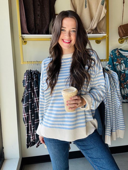 Stay cozy in the Cloud Ivory Stripe Sweater, featuring a playful crewneck and airy wide sleeves that add just the right touch of flair. Its lightweight knit keeps things breezy and comfortable, perfect for layering on cooler days. Enjoy a fun twist on a classic striped look!

Wishlist&nbsp;