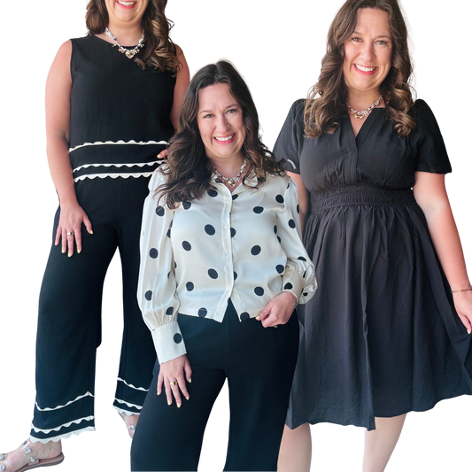 Black and white two piece scalloped set, white blouse with black polka dots, and a black cinch waist midi dress