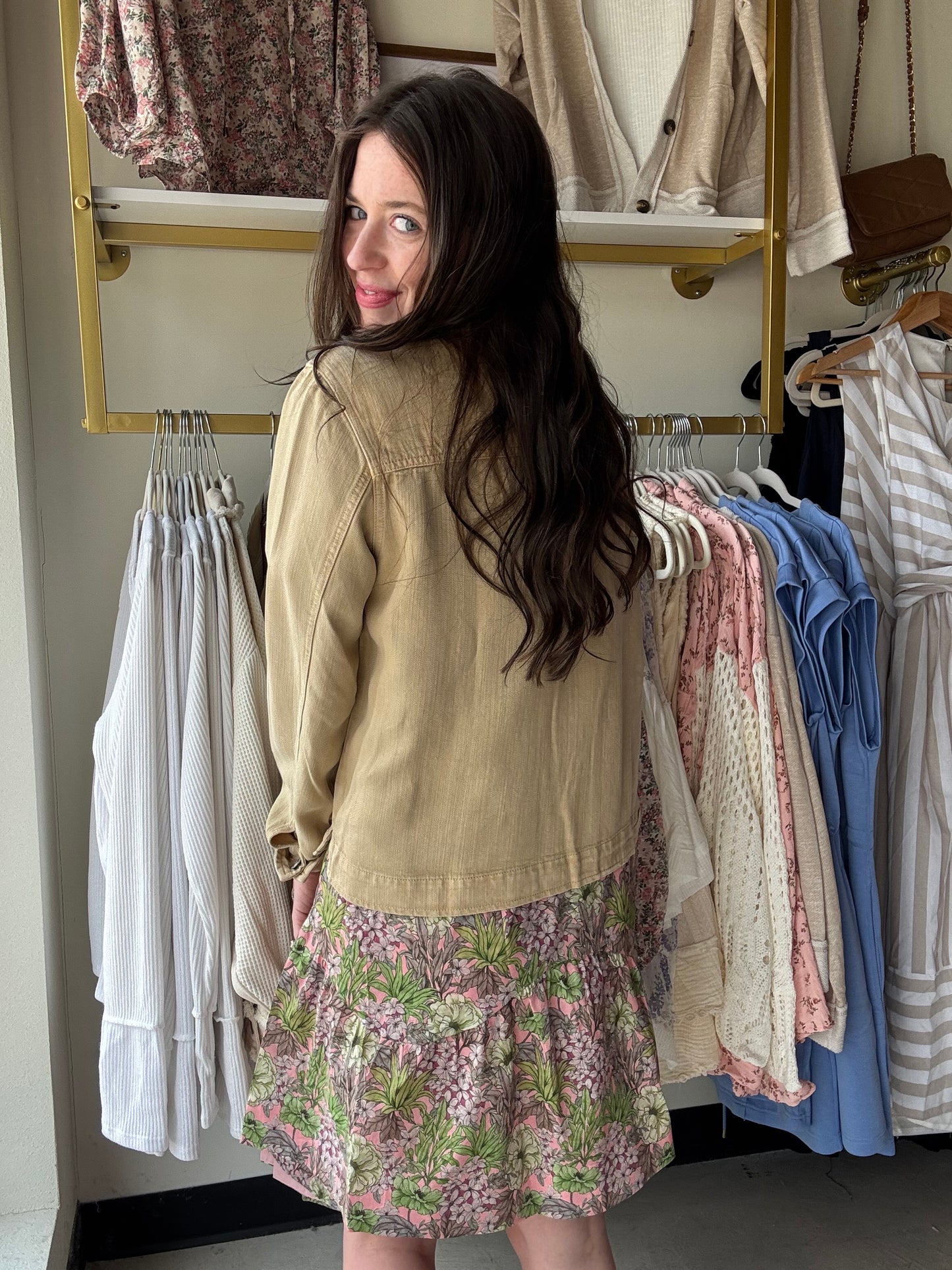 Thread &amp; Supply

Trust us, you need this denim jacket in your life. Made with our super soft Tencel Lyocell,&nbsp; the Jackie Jacket is a wardrobe staple!

Button front closure

Side pockets

Relaxed fit

Measurements for a size small:

Length:&nbsp;22.5"

Chest:&nbsp;19.5"
Sleeve Length: 24.5"

Fabric Content/Care:&nbsp;

100% Tencel™ Lyocell