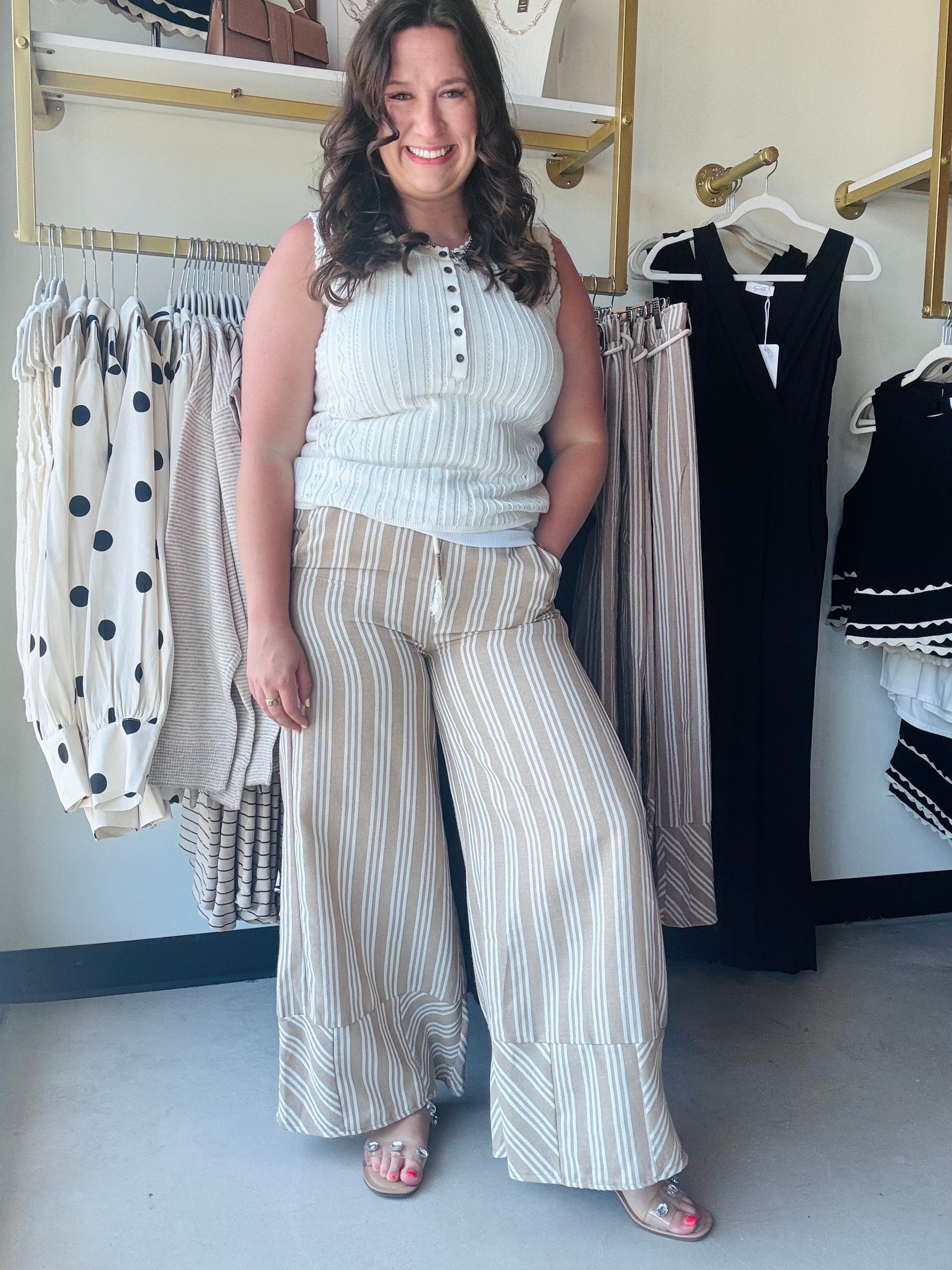 Easel

Elevate your sun-drenched style with these breathable linen-blend palazzo pants featuring slimming vertical stripes and an effortless wide-leg silhouette. Designed with a high-rise elastic waistband and boho-chic tassel ties, they offer the perfect blend of coastal elegance and all-day comfort.

Slimming vertical stripes elongate legs
Breathable linen keeps you cool
Ultra-comfortable high-rise elastic waistband
Chic drawstring with tassel ends
Functional side pockets for essentials
Effortless relaxed