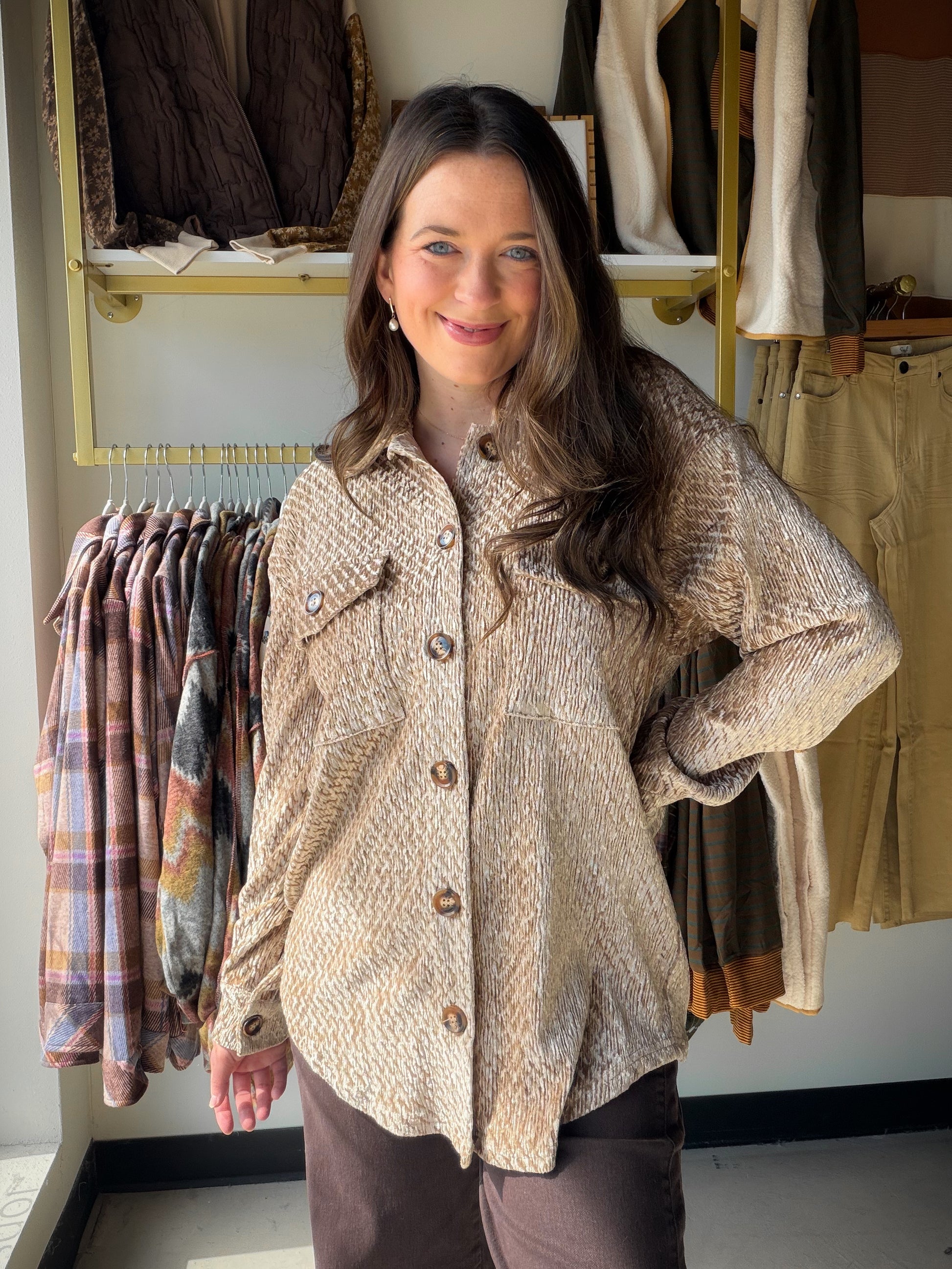 Luxe meets laid-back in this textured velvet shacket from&nbsp;Doe &amp; Rae. The rich velvet fabric gives it an elevated, tactile finish while the relaxed button-down silhouette keeps it effortlessly wearable — layer it over a bodysuit and denim or throw it on over a dress for an instant outfit upgrade.

Textured velvet fabric with a soft, luxurious feel and visually striking finish
Button-down front for easy on/off and versatile styling
Front flap pockets — practical and polished
Relaxed fit that layers b