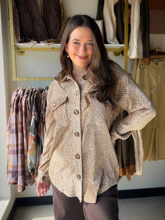 Luxe meets laid-back in this textured velvet shacket from&nbsp;Doe &amp; Rae. The rich velvet fabric gives it an elevated, tactile finish while the relaxed button-down silhouette keeps it effortlessly wearable — layer it over a bodysuit and denim or throw it on over a dress for an instant outfit upgrade.

Textured velvet fabric with a soft, luxurious feel and visually striking finish
Button-down front for easy on/off and versatile styling
Front flap pockets — practical and polished
Relaxed fit that layers b