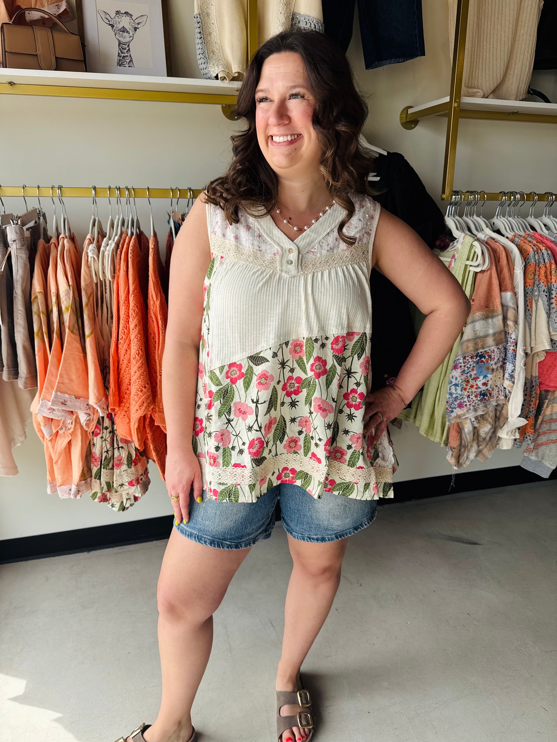 Elevate your everyday style with this stunning POL boho tank, featuring delicate lace trim and a vibrant vintage floral print. Crafted with a soft ribbed texture and a breezy, roomy fit, it’s the ultimate blend of feminine charm and effortless comfort.