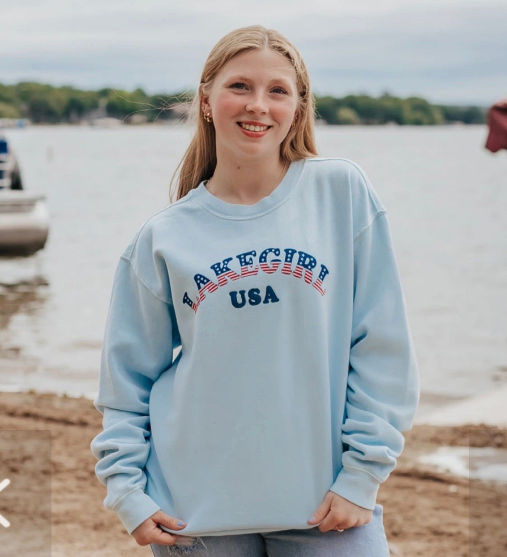 Lakegirl USA sweatshirt with red, white, and blue stars and stripes wording