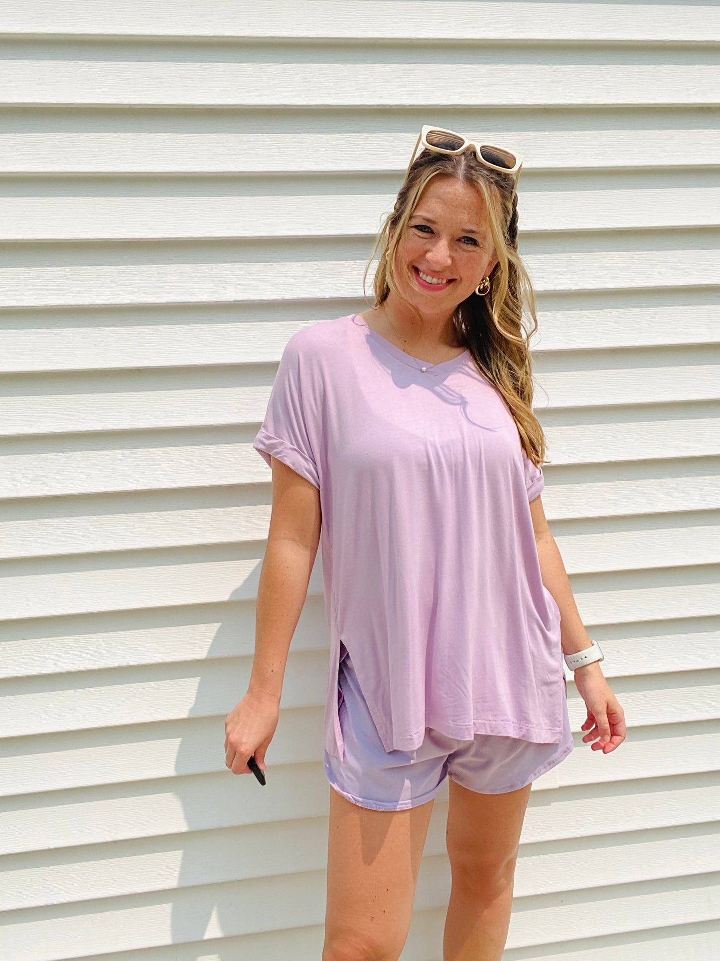 Lavender Daze V Neck Short Sleeve