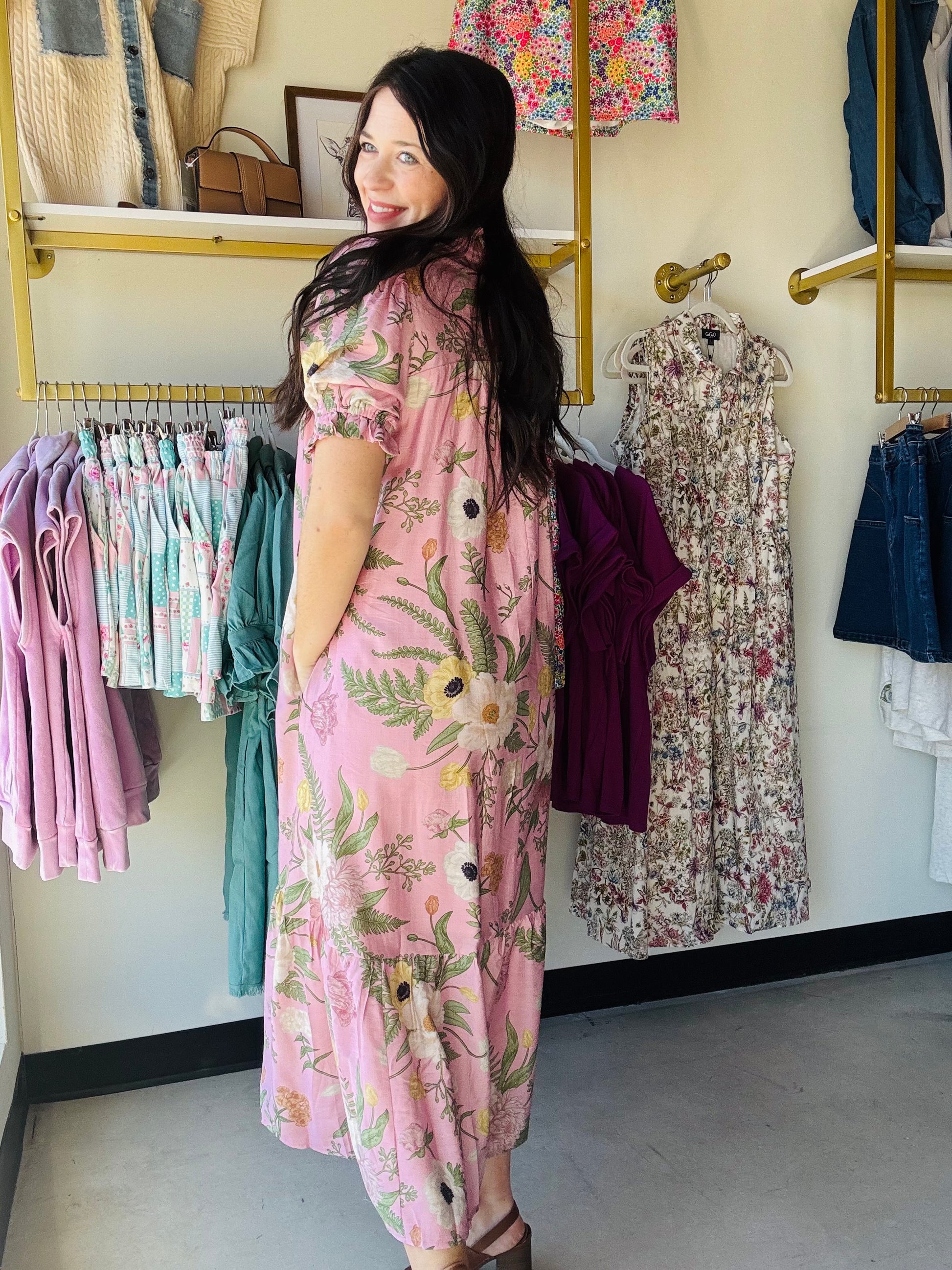 umgee pink floral dress Umgee Pink Floral Fit & Flare Mini Dress Smocked Puff Sleeve Square Neck M
