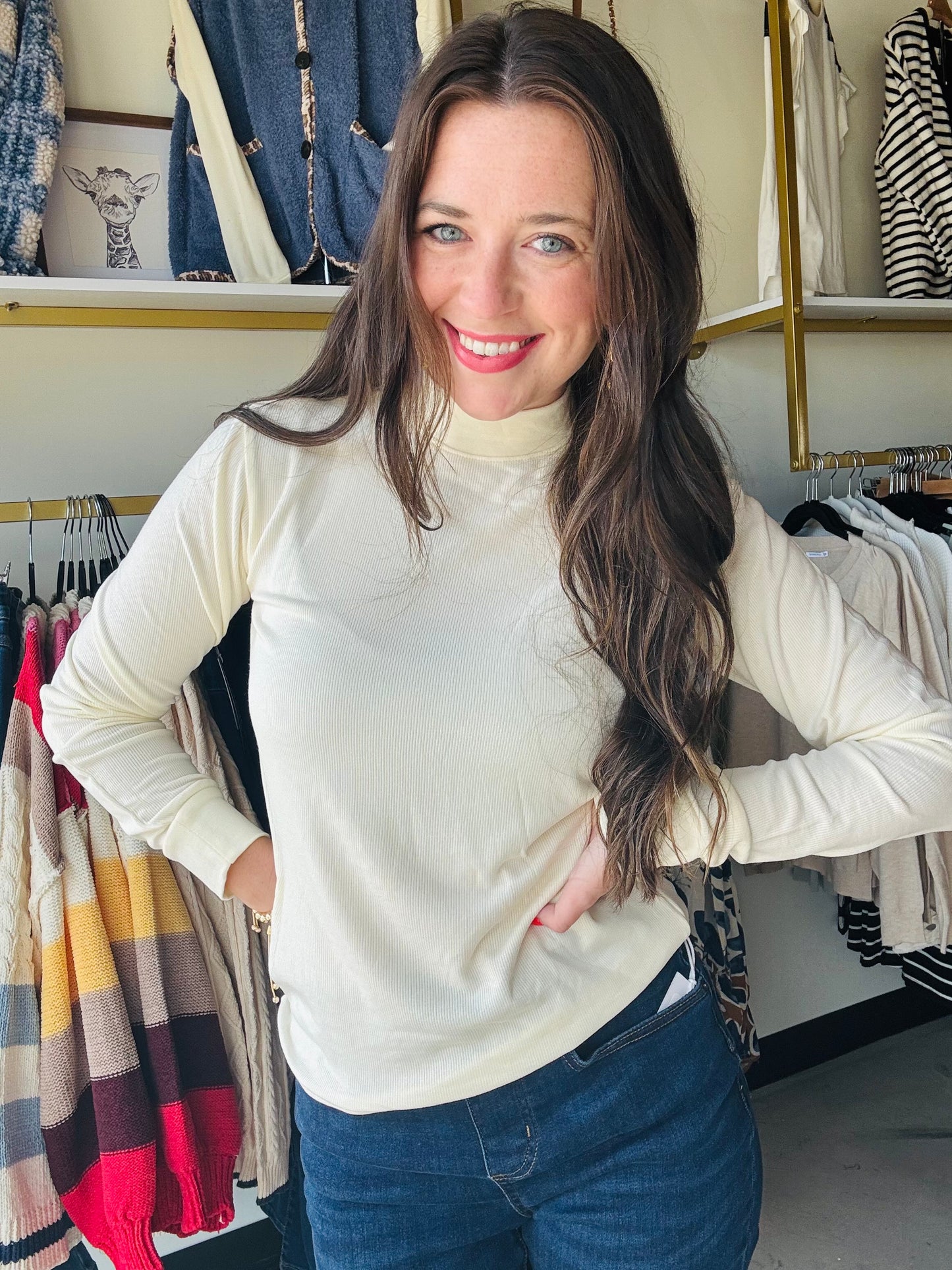 Style Description:

Made to be worn everywhere, this sleek long sleeve is featured in a formfitting silhouette and seamless so-soft fabrication with a chic mock neckline.

Mock neck
Cuffed sleeves
Measurements for a size small:

Length:&nbsp;23"
Chest:&nbsp;16.5"
Sleeve Length: 25"
Fabric Content/Care:&nbsp;

95% Micro Modal
5% Spandex
Machine Wash Cold