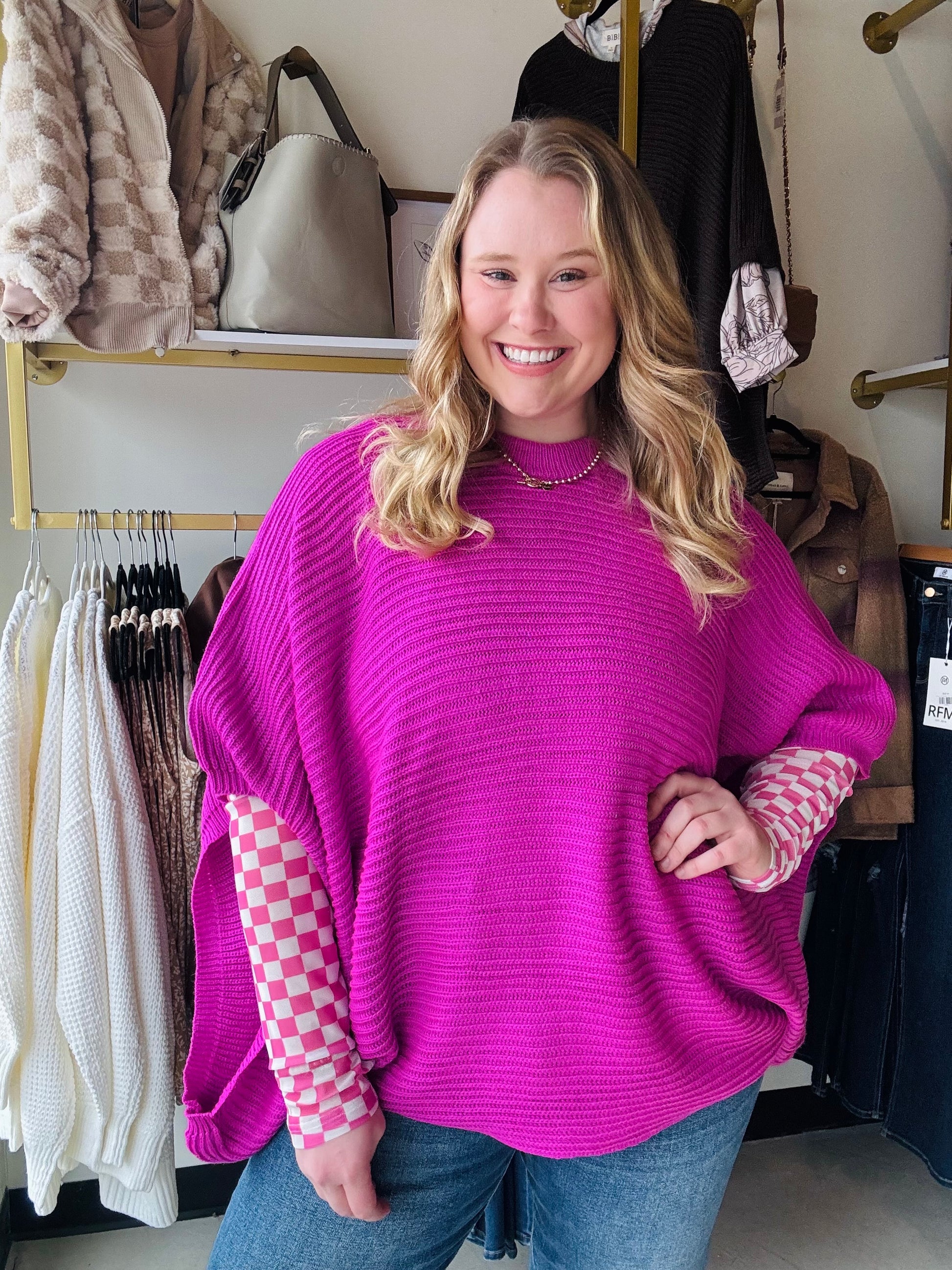 Stay warm and fashionable in this MEG Pullover Poncho.&nbsp; Features long arm holes for a flowy poncho feel, yet in a cute knit sweater.&nbsp; This stylish poncho sweater is designed to keep even the chilliest weather at bay. Perfect for a chic, cozy look.

Featured with our Dress It Up sheer tops &nbsp;

FABRIC: 100% Acrylic