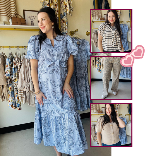 Blue floral maxi dress, black & white striped boatneck sweater, leopard print wide leg pants, starfish button cream sweater