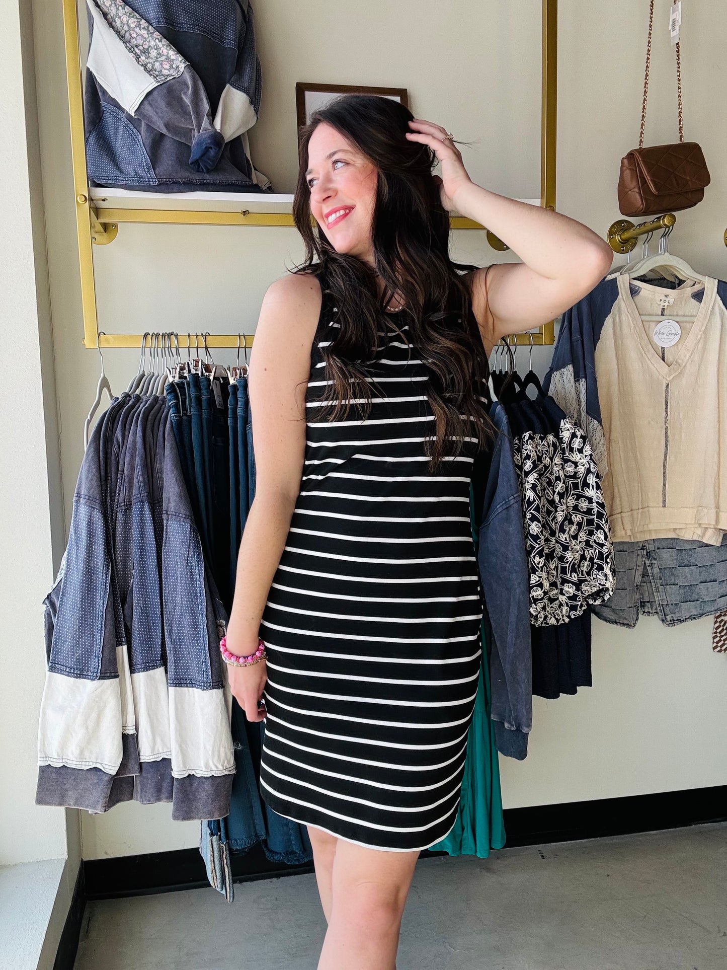 Michelle Mae

Get ready to have some fun in our Mariah Ribbed Dress! This dress features a form-fitting ribbed design with stylish black stripes, perfect to wear to girls trip at the winery, concerts, and date night . Complete the look with sandals or boots and you're ready to go!

Fabric: 60% polyester, 30% Rayon, 10% Spandex
Fit: Runs true to size&nbsp;