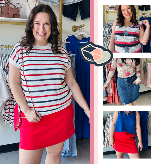 Red, white, and blue striped short sleeve summer sweater with a red mini skirt. Make summer even better with a blue tank top, denim skirt with deep pockets, and a red, white, and blue star crochet tank top.