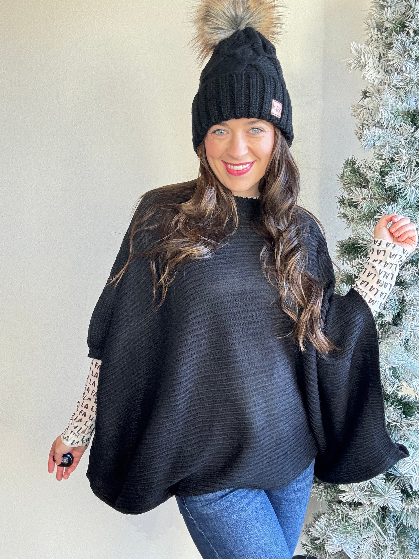 Blakeley

Stay warm and fashionable in this MEG Pullover Poncho.&nbsp; Features long arm holes for a flowy poncho feel, yet in a cute knit sweater.&nbsp; This stylish poncho sweater is designed to keep even the chilliest weather at bay. Perfect for a chic, cozy look.

Featured with our Dress It Up sheer tops &nbsp;

