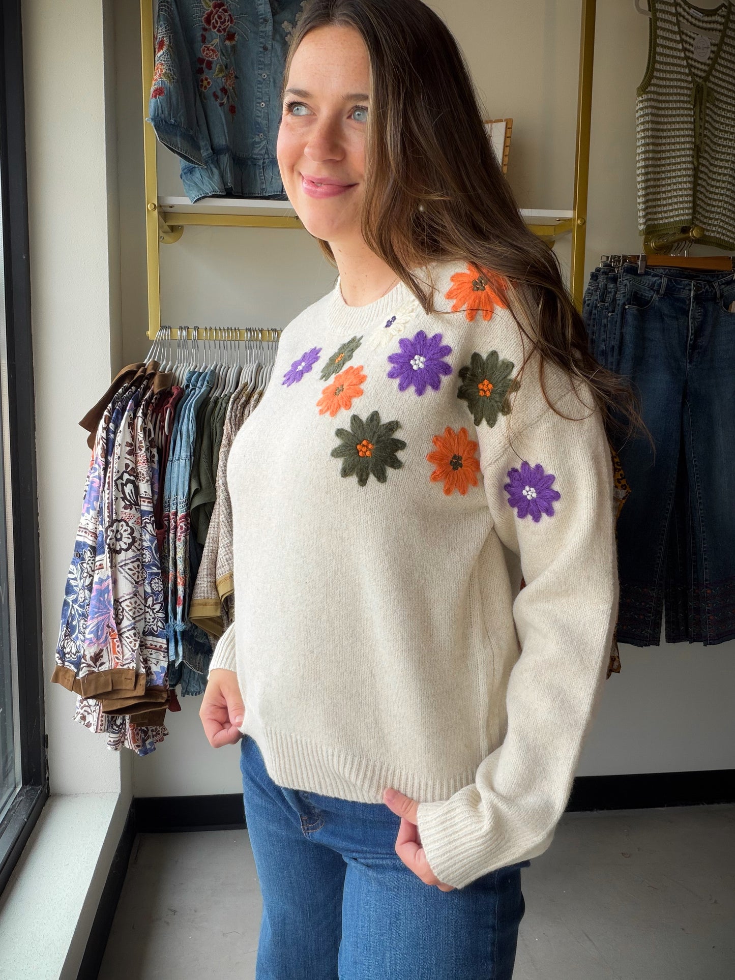 Michelle Mae

Embrace the season in this beautifully crafted fall floral sweater. Featuring a soft, luxurious fabric that feels gentle against your skin, this beige piece showcases delicate floral detailing perfect for autumn styling. Layer it effortlessly over your favorite basics or wear it solo for a cozy, sophisticated look. The comfortable fit makes it ideal for transitional weather, whether you're heading to the office or enjoying a casual weekend. A timeless addition to your fall wardrobe.

Fabric Co