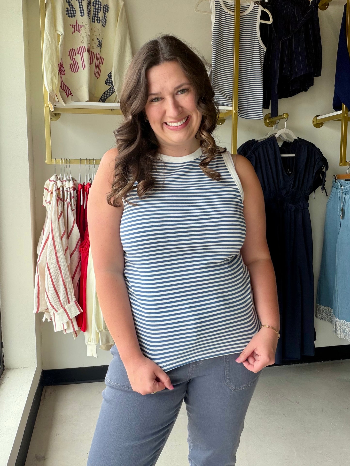 Michelle Mae

Celebrate your patriotic spirit in this charming striped tank featuring classic blue and white stripes with eye-catching red trim accents. Perfect for summer gatherings, casual outings, or whenever you want to show your colors with a fun twist. A versatile wardrobe essential that brings a festive vibe to any occasion.
