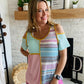 This Multi Contrast Cold Shoulder Short Sleeve blouse adds a vibrant touch to any wardrobe. In teal, pink, yellow, and purple shades, this top features a cold shoulder accent and reversed hemline for a unique look. It is true to size, ensuring a comfortable fit.