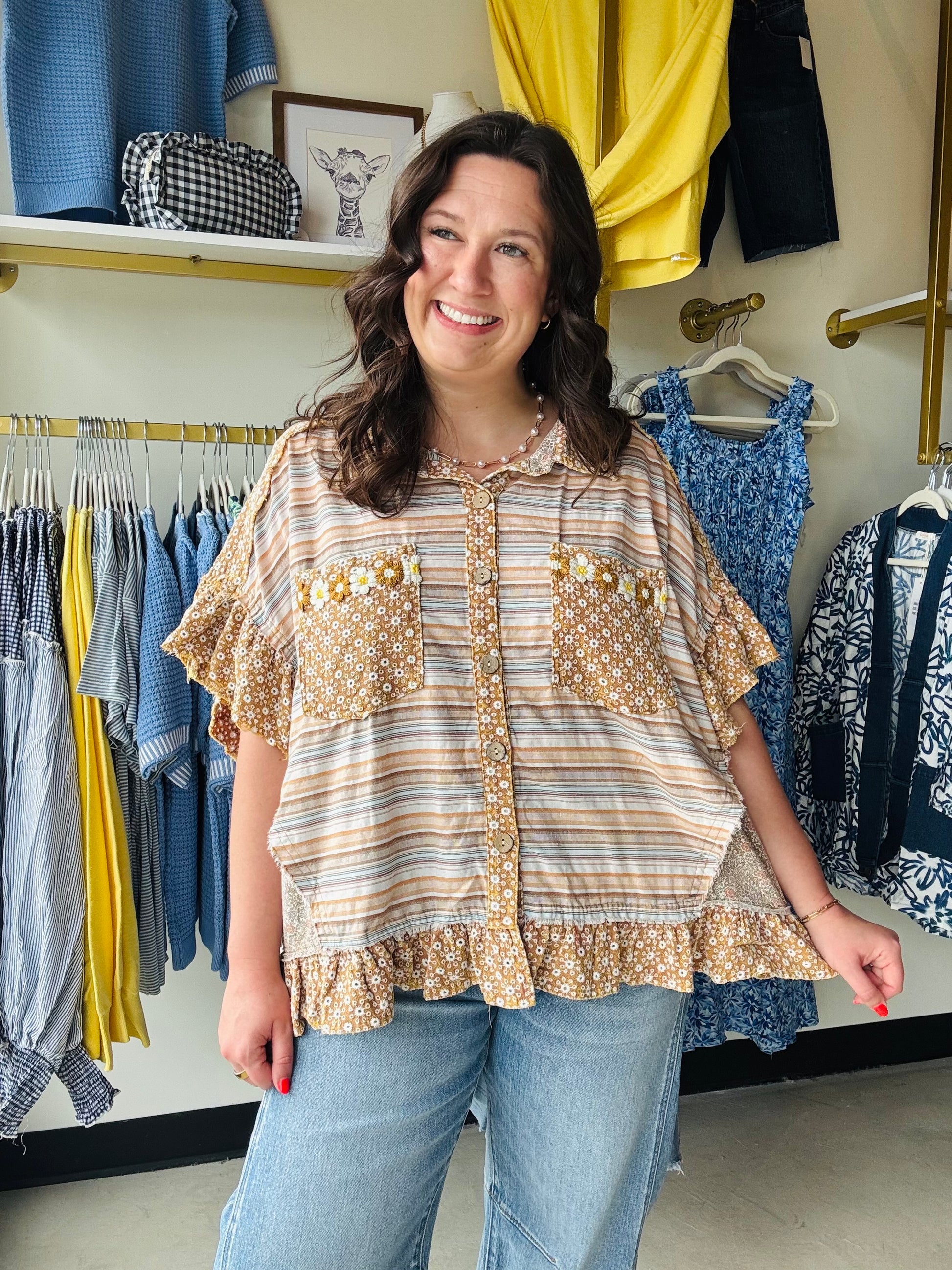 Oli &amp; Hali

Elevate your everyday style with this eclectic mustard patchwork button-up featuring intricate crochet floral details and vintage-inspired stripes. This lightweight, boxy top blends boho charm with artistic flair for a truly unique statement piece that pairs perfectly with denim.

Artistic patchwork for unique, standout style.
Intricate crochet florals add artisan texture.
Breathable fabric for all-day comfort.
Playful ruffles for effortless feminine flair.
Versatile button-down for easy lay