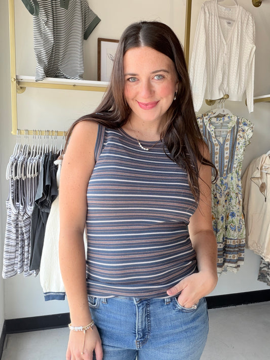 Thread &amp; Supply

Sleeveless tank
Crew neckline
ribbed material
Measurements for a size small:

Length: 23"
Chest: 14"
Waist: 13"
Content:&nbsp;

48% Cotton
48% Modal
4% Spandex