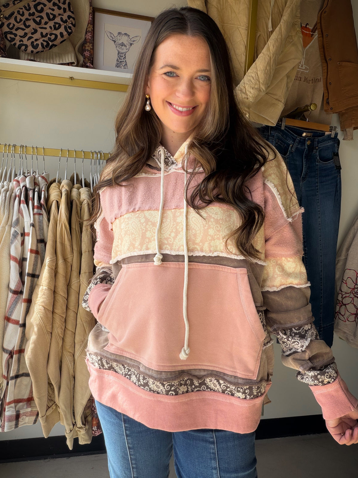 Meet the layer that makes casual days feel instantly more pulled together. The Pink Paisley Printed Hoodie by Oli &amp; Hali pairs a playful paisley print with a soft, relaxed silhouette, giving you that lived-in comfort with boutique-worthy personality.

Throw it on with denim and sneakers for errands, coffee runs, or a laid-back weekend. The oversized fit makes layering effortless, while the contrast fabric adds texture and a thoughtfully finished look.

Pink paisley print
Relaxed, oversized fit
Soft cott