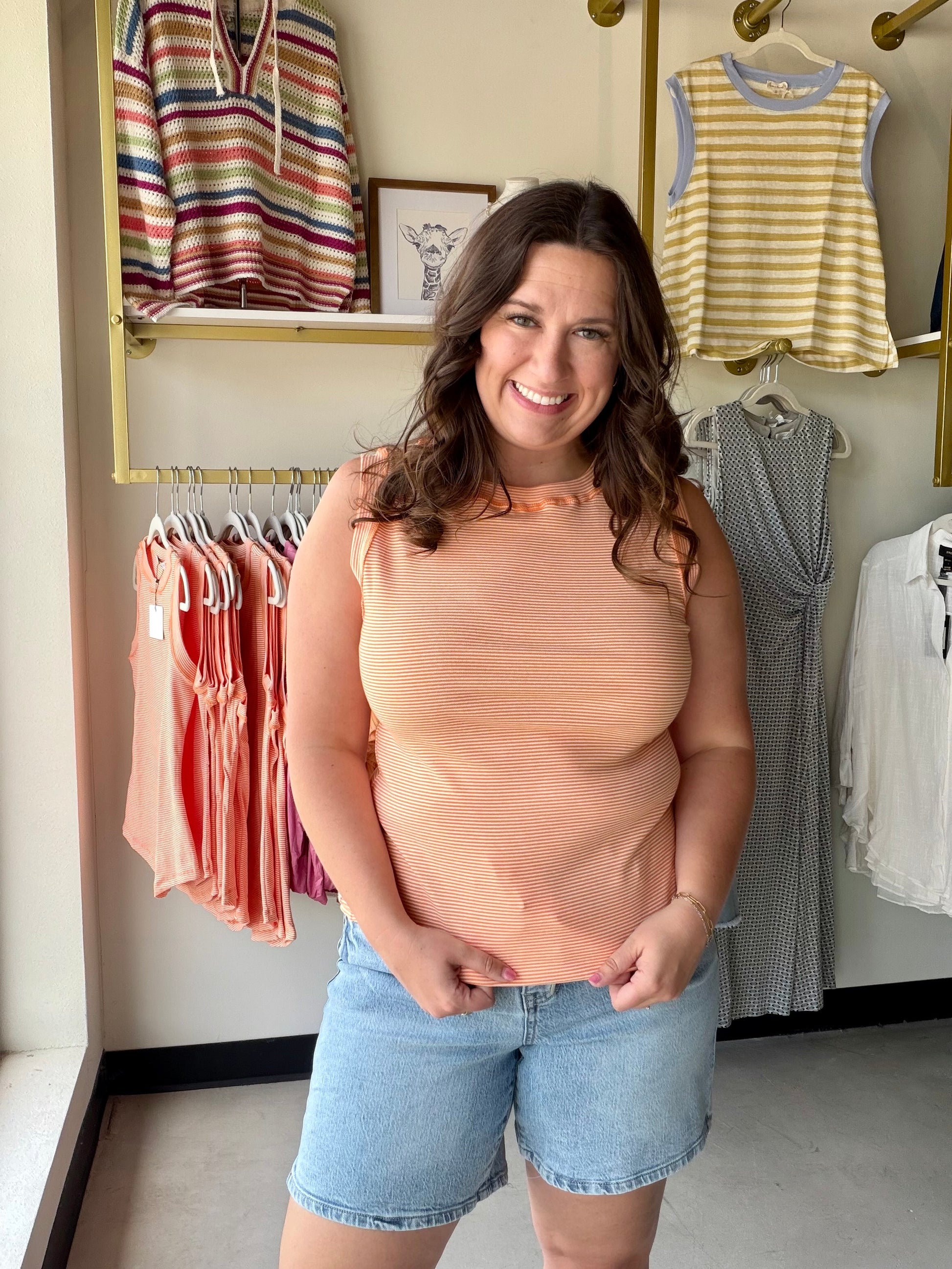 Michelle Mae

Get ready to fall in love with your newest favorite tank. The Morgan features charming micro stripes that add visual interest without overwhelming your look. Exposed stitching on the trim gives it an artisanal touch, while the fitted silhouette flatters your frame perfectly. Lightweight and breathable, it's your go-to piece for spring and summer days when you want effortless style with personality.

Fabric: 93% cotton, 7% spandex
Fit: Runs true to size&nbsp;
