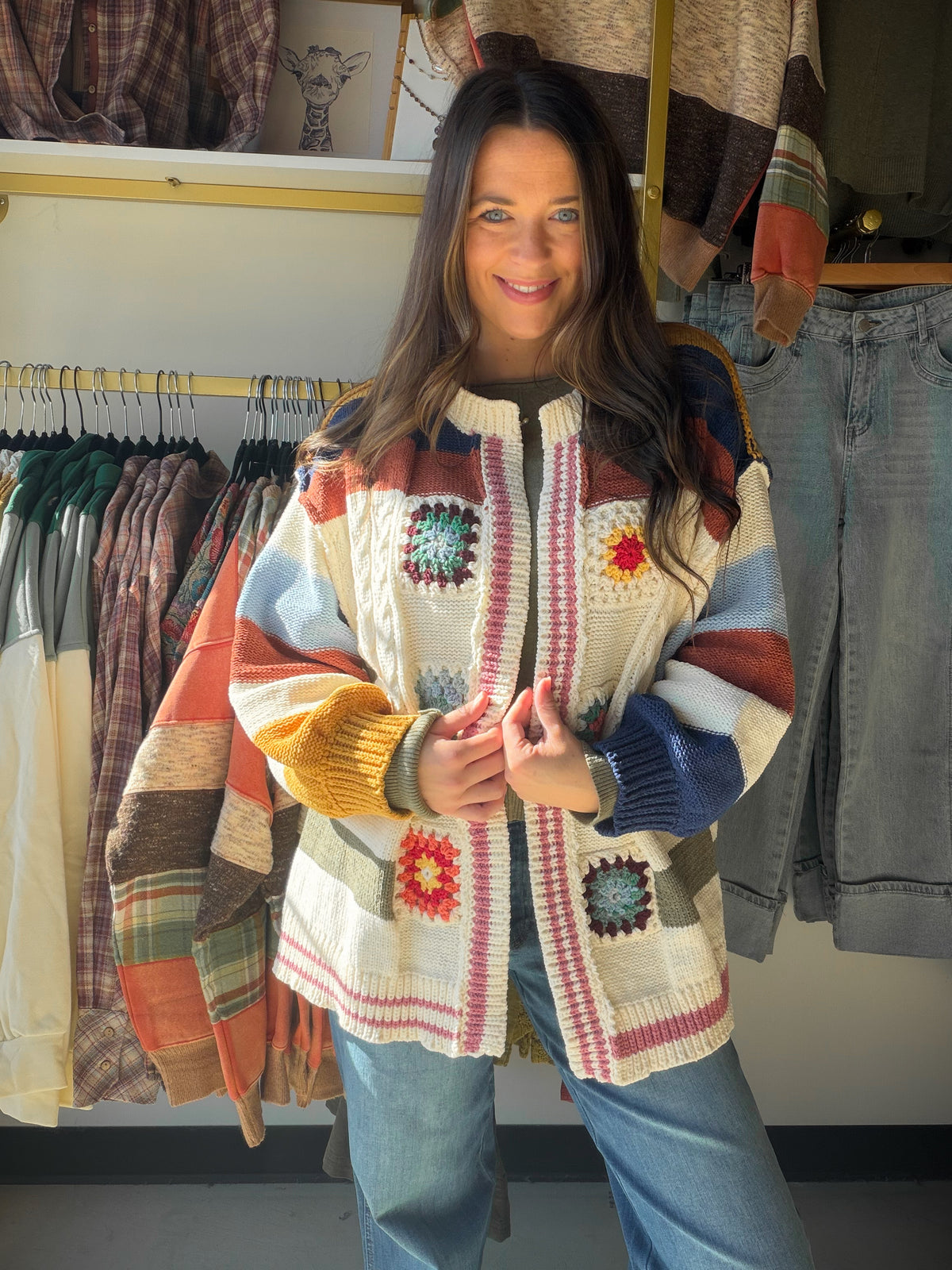 A Cozy Layer with a Creative Side

The Multi Patch Chenille Cardigan by POL is the kind of piece that turns a simple outfit into something special. Soft chenille texture meets handmade patch detailing and a striped pattern for a look full of personality. An oversized fit and balloon sleeves give this open-front sweater an easygoing silhouette you'll love layering over your everyday favorites.

Throw It On and Make It Yours

Picture a crisp morning, a warm coffee in hand, and this textured cardigan layered o