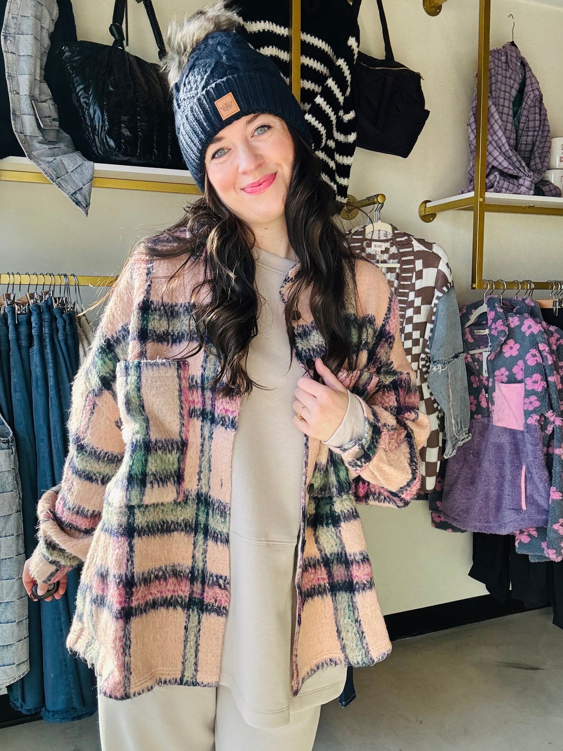 Get ready to elevate your lounge look with this Pink &amp; Navy Plaid Jacket! The beautiful lined plaid design is trendy and oversized, perfect for adding a stylish touch to your favorite lounge set. Plus, the large pockets provide both fashion and function. Stay cozy and chic with this must-have jacket!

Brand: POL