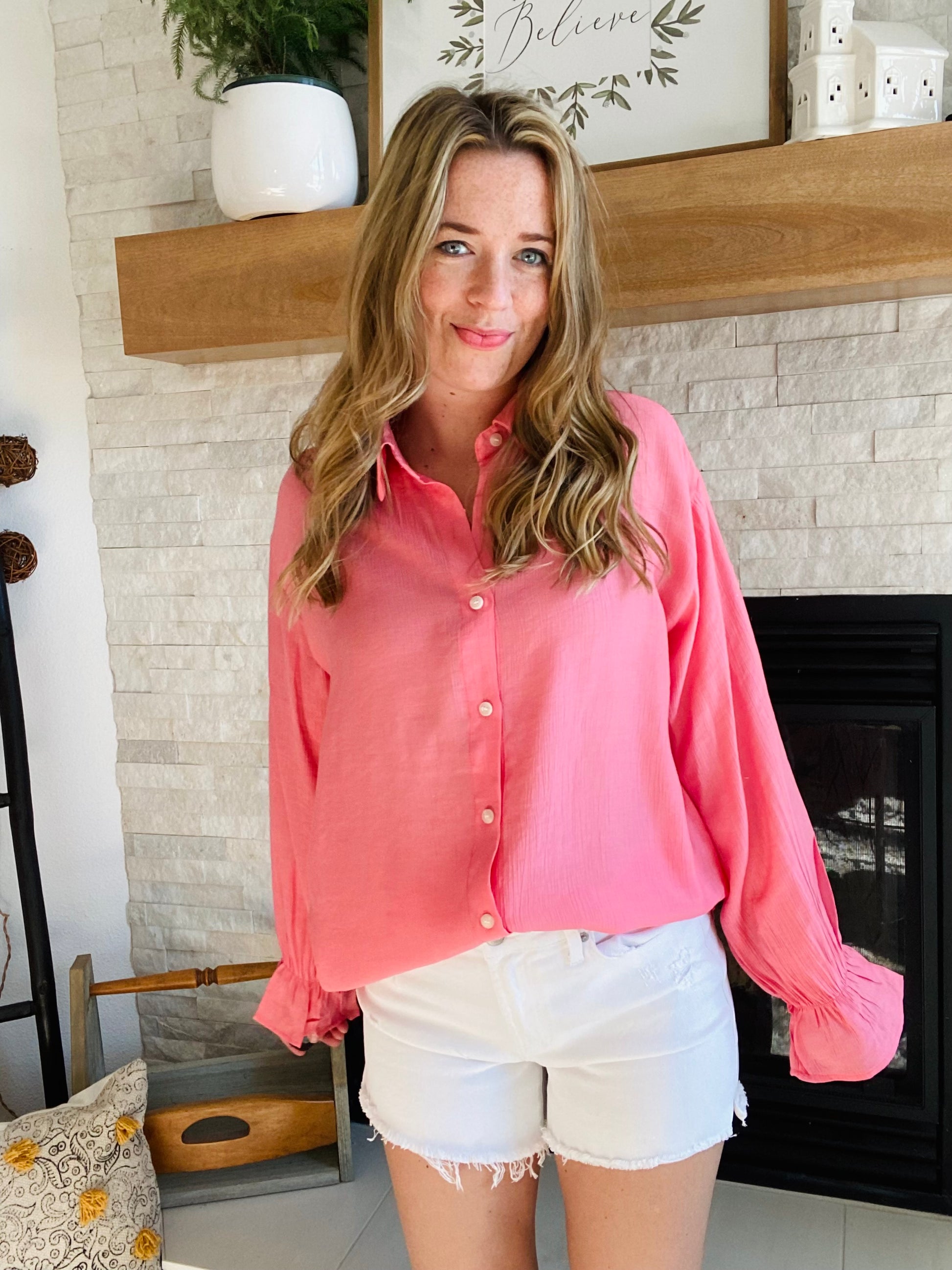 This Gauzy Bell Sleeve Blouse is crafted from lightweight polyester and spandex for an ultra-airy feel and relaxed fit. This blouse features baby bell sleeves and a collar, with functional buttons to ensure a perfect fit. The gauze fabric has a mild sheerness for an elegant look.