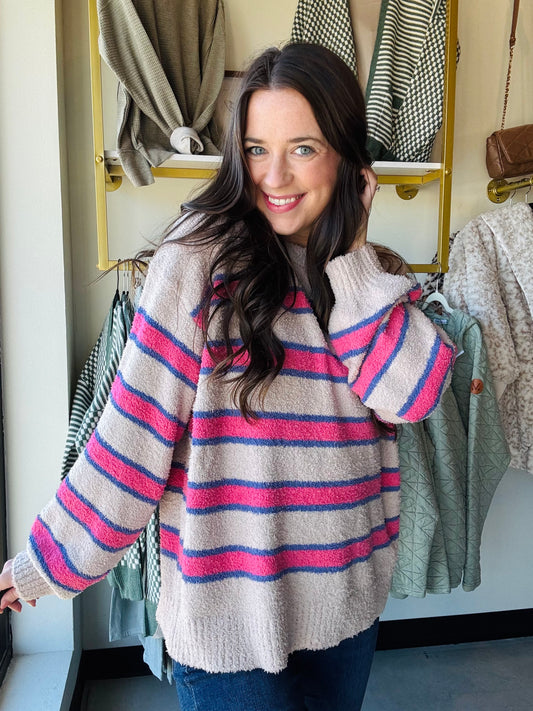 This Pink Stripe Cozy Sweater brings casual comfort to a whole new level with its relaxed, loose fit and playful striped pattern. Featuring long sleeves, dropped shoulders, and a soft rounded neckline, it’s perfect for layering. The ribbed cuffs and hem add a snug touch that keeps the cool away while you stay effortlessly stylish. Ideal for cozy days or lively outings, this pullover blends warmth with a fun, laid-back vibe.