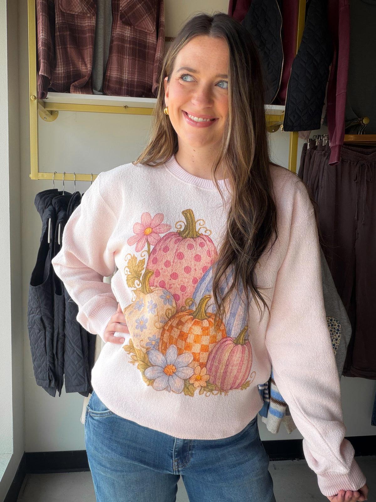 Pumpkin Season, But Make It Pink

Fall's cutest pumpkins got a sweet makeover. The Pink Multi Pumpkin Crewneck by Sugar Stitch puts a playful spin on autumn with a cheerful mix of pumpkins against a soft, feminine backdrop. Picture crisp mornings at the pumpkin patch, cider in hand, leaves crunching underfoot. This is the sweatshirt you'll grab every time.

Why You'll Love It

Festive pumpkin graphic: a fun, multi-pumpkin design that feels seasonal without being over the top
Classic crewneck cut: a relaxed,