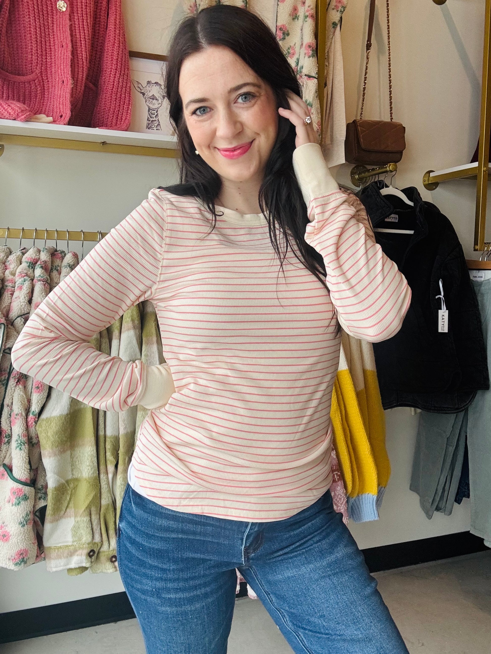 Thread and Supply&nbsp;

So classic and effortless, this essential long sleeve tee from our basics collection is featured in a relaxed silhouette and crew neckline.&nbsp;

Long-sleeved top
Crew neckline
Measurements for a size small:

Length: 25.5"
Chest: 16"
Sleeve length: 25.5"
Sweep: 17 1/4"
Fabric Content/Care:&nbsp;

95% Rayon
5% Spandex