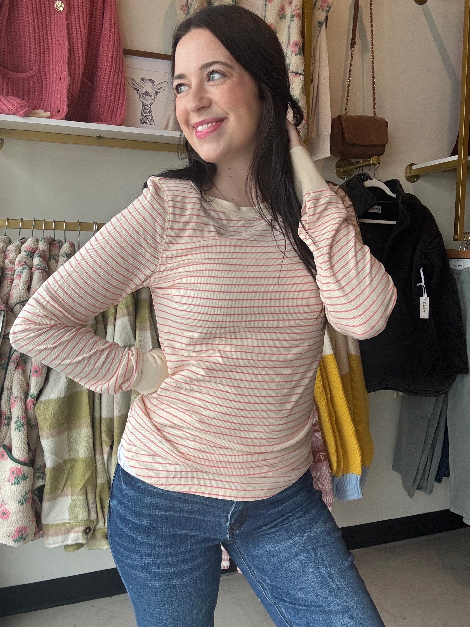 Thread and Supply&nbsp;

So classic and effortless, this essential long sleeve tee from our basics collection is featured in a relaxed silhouette and crew neckline.&nbsp;

Long-sleeved top
Crew neckline
Measurements for a size small:

Length: 25.5"
Chest: 16"
Sleeve length: 25.5"
Sweep: 17 1/4"
Fabric Content/Care:&nbsp;

95% Rayon
5% Spandex