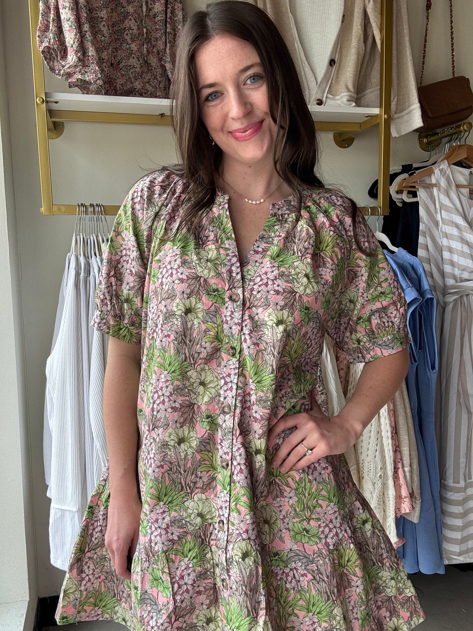 Green & Pink Floral Mini Dress Large Green & Pink Floral Mini Dress Large