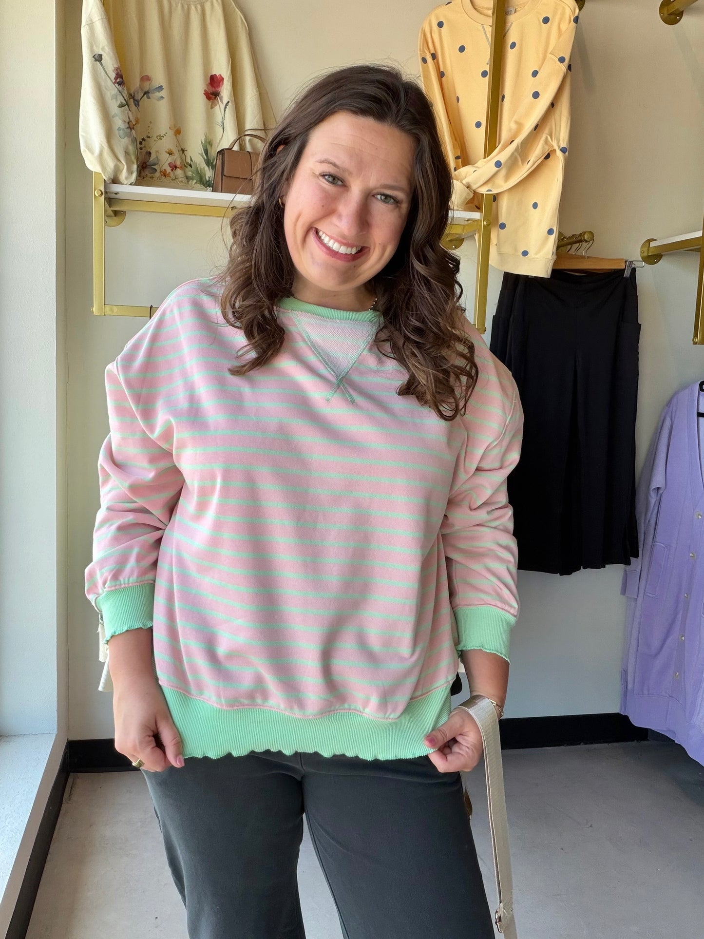 Embrace effortless charm with this vibrant pink and mint green striped knit pullover. Featuring a playful lettuce hem and a relaxed oversized fit, it’s the ultimate cozy-chic essential for transitional weather. Elevate your everyday style with a refreshing pop of pastel comfort

Soft breathable knit for all-day comfort.
Trendy lettuce hem adds feminine flair.
Relaxed fit for effortless layering.
Vibrant pastel stripes brighten your look.
Durable ribbing maintains its shape.
Perfect for casual-chic weekend s
