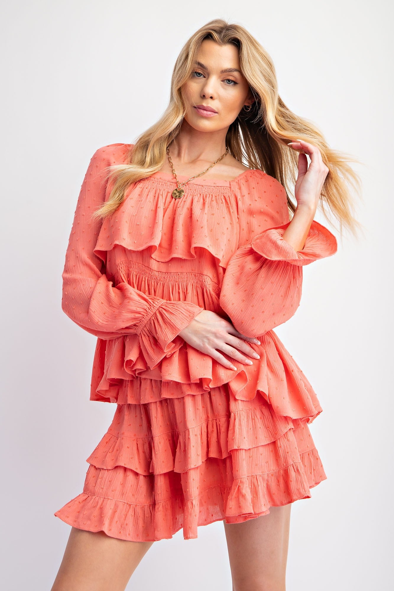 Coral Pom Ruffle Top