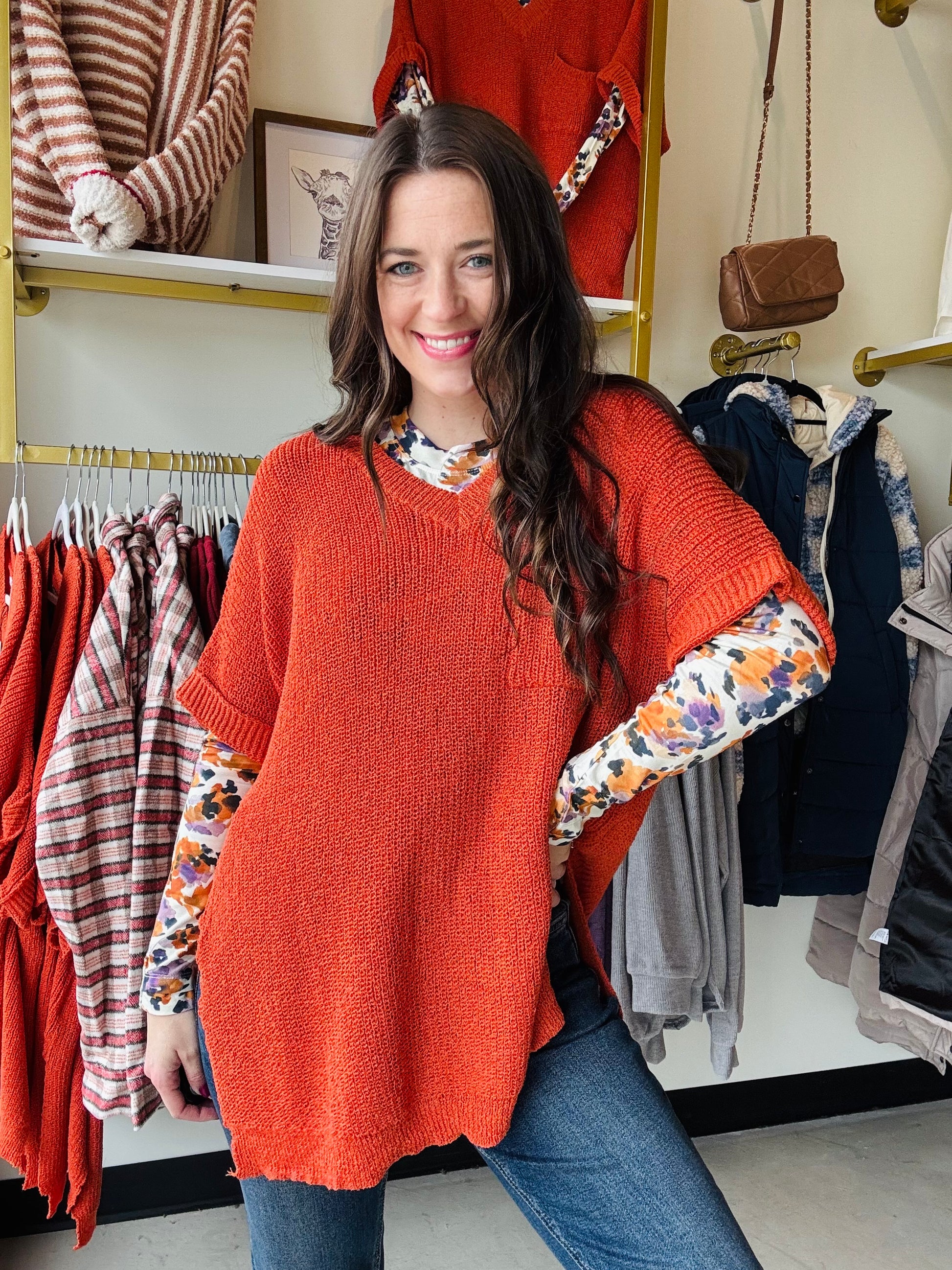 Michelle Mae

Get cozy with our Annie Open Knit Top in Pumpkin! The perfect combination of comfort and style, this top features side slits and a v-neck for a trendy look and a convenient breast pocket and cuff sleeves. Lounge in style with this must-have addition to your wardrobe.
