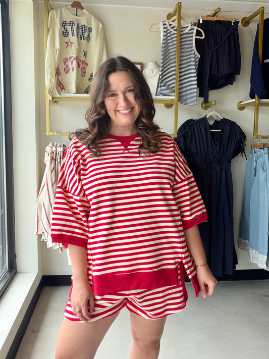 Very J

Experience ultimate relaxation in this buttery-soft, bold striped lounge set featuring a chic oversized silhouette and sporty contrast detailing. Perfect for effortless summer styling, this breathable two-piece transitions seamlessly from cozy mornings to active sunny afternoons.

Buttery soft, stretchy premium fabric.
Relaxed oversized fit for comfort.
Functional side pockets for essentials.
Breathable, lightweight summer-ready material.
Easy pull-on elastic waistband design.
Chic sporty contrast s