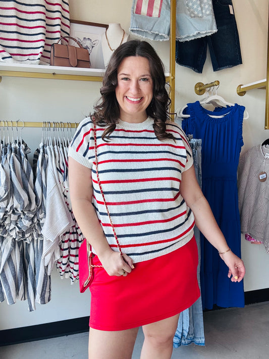 Michelle Mae

Embrace bold patriotic style with this striking open knit top featuring classic red, white, and blue stripes. The breathable, airy fabric keeps you cool and comfortable through summer heat, while the daring design makes a confident statement. Perfect paired with shorts for effortless seasonal style that commands attention. Lightweight and versatile, this piece transforms any casual look into something unforgettable.

Fabric: 100% Polyester
Fit: Runs true to size to oversized by design
