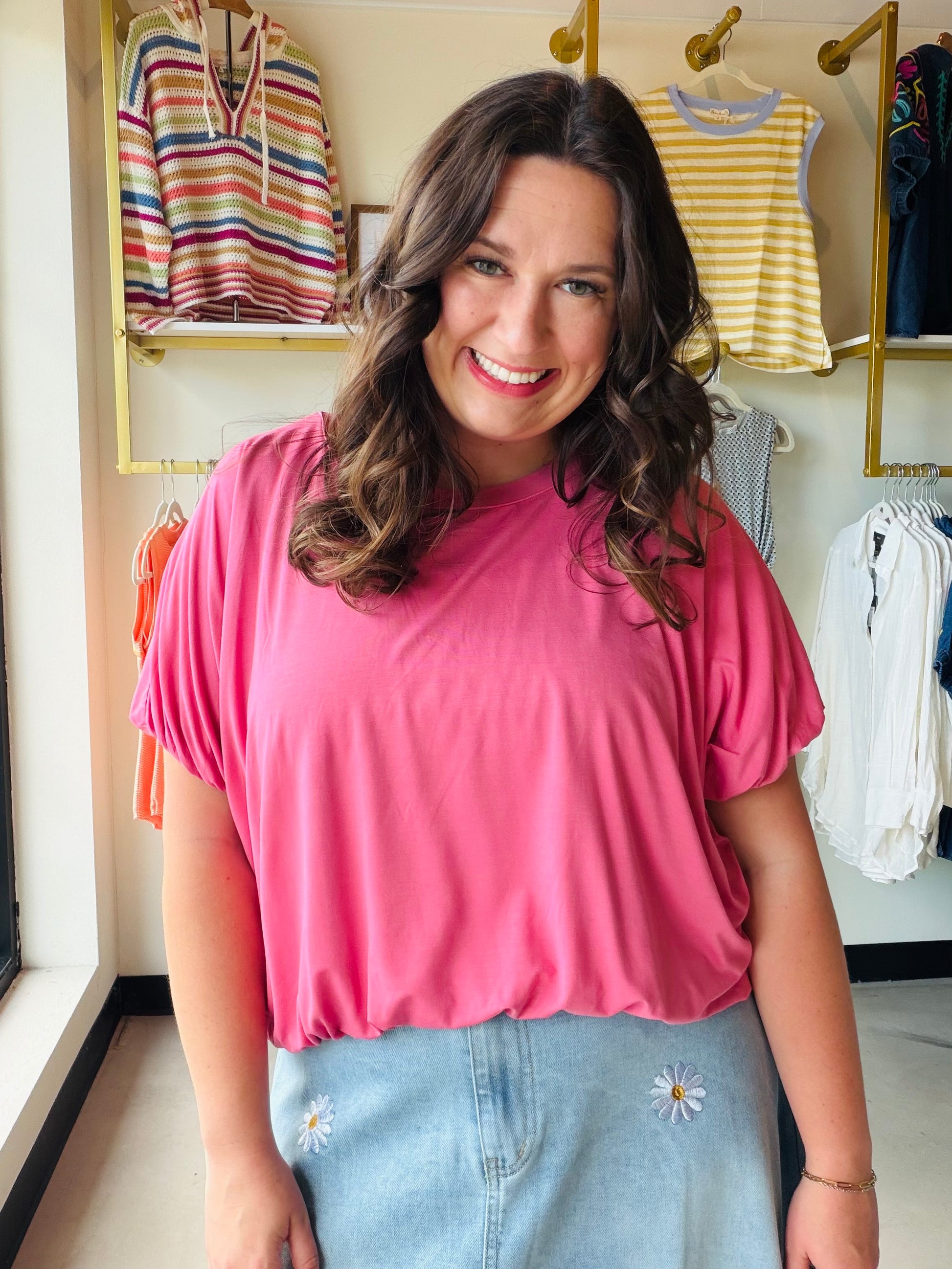 Meet your new warm-weather go-to. The Rose Bamboo Bubble Hem Top is crafted from soft, breathable bamboo fabric that feels like a second skin — keeping you cool, comfortable, and effortlessly put-together all day long.

The playful bubble hem adds a flirty, feminine touch that pairs beautifully with your favorite denim, linen trousers, or a flowy skirt. Whether you're running errands, heading to brunch, or dressing up for a night out, this top transitions seamlessly from casual to chic.

Soft, lightweight b
