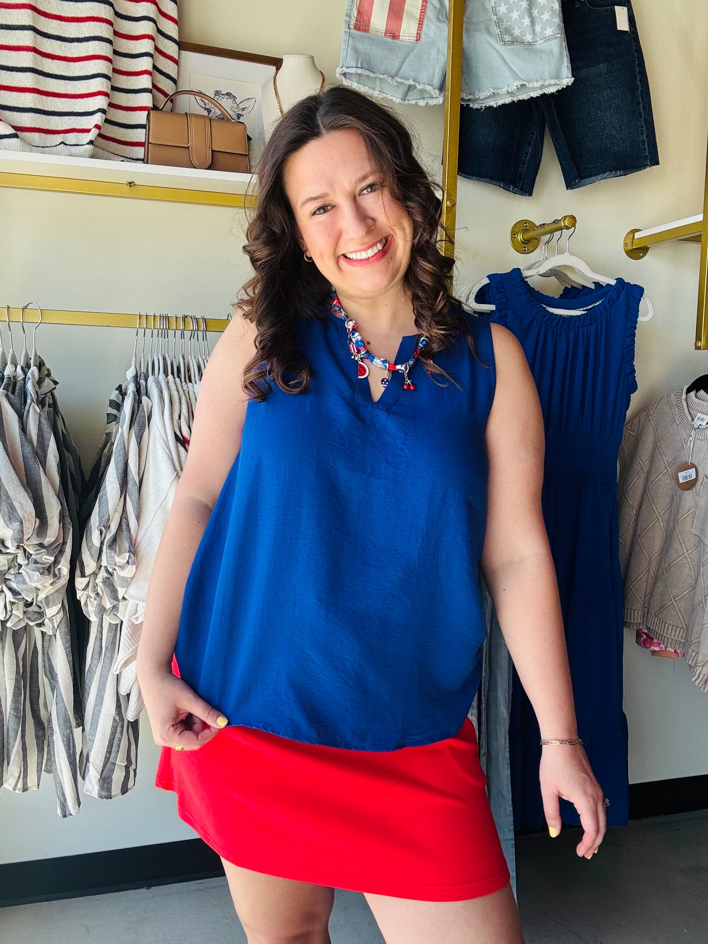 Staccato

Elevate your wardrobe with this Staccato royal blue tank, featuring a modern split neckline for effortless elegance. This breathable, sleeveless essential delivers a bold pop of color and a flattering silhouette that transitions perfectly from casual days to upscale nights.
