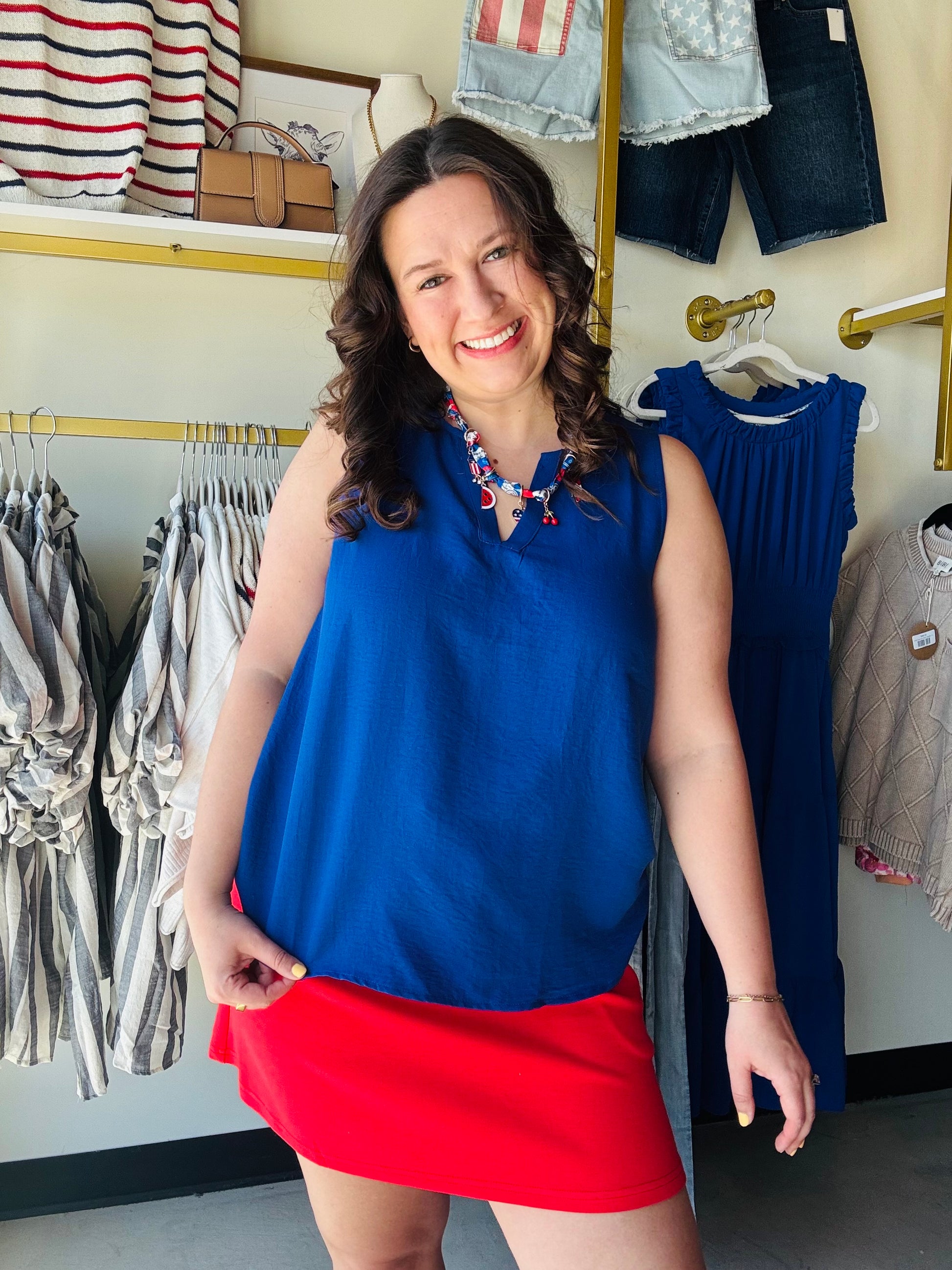 Staccato

Elevate your wardrobe with this Staccato royal blue tank, featuring a modern split neckline for effortless elegance. This breathable, sleeveless essential delivers a bold pop of color and a flattering silhouette that transitions perfectly from casual days to upscale nights.
