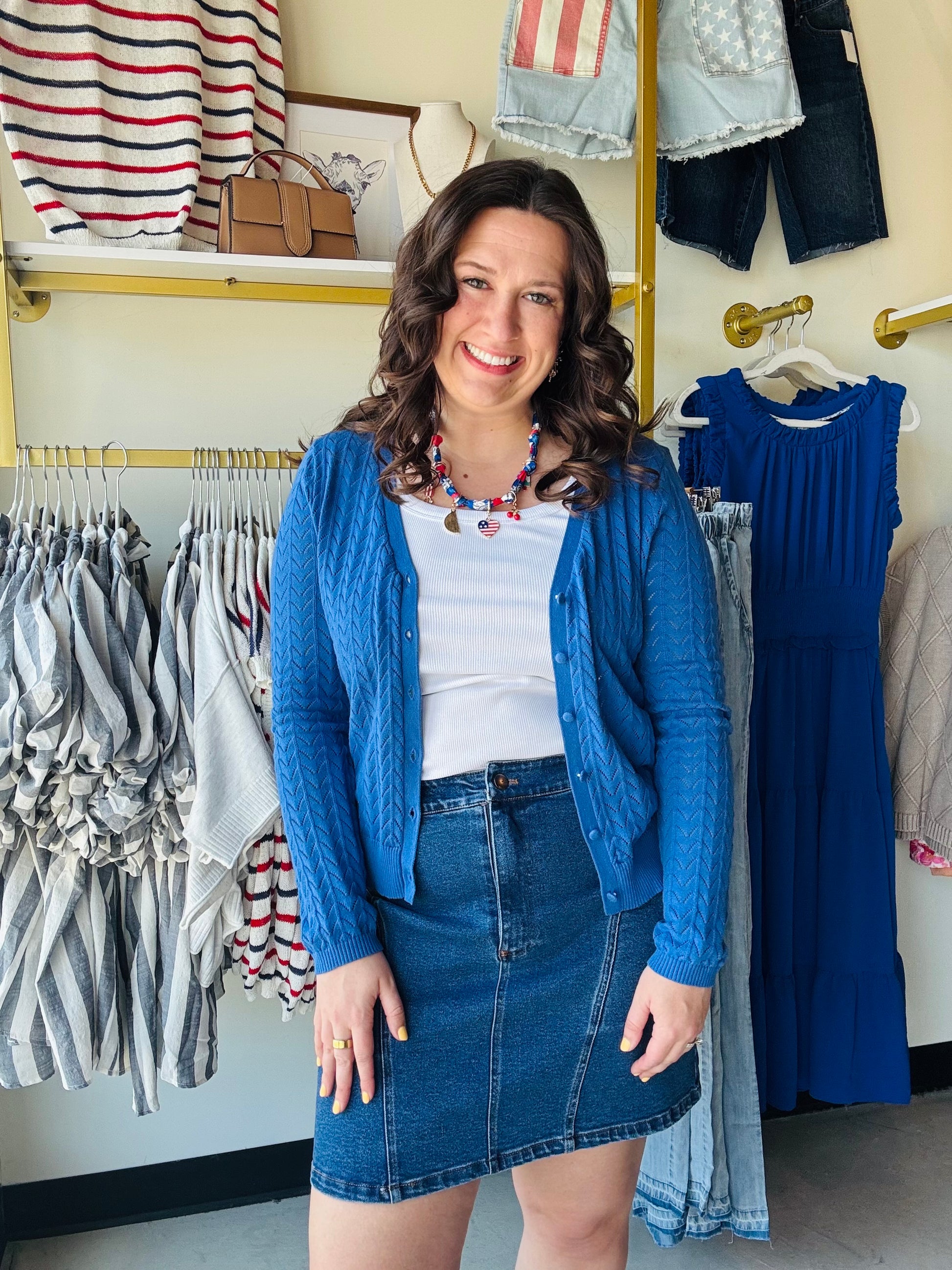 Staccato

Elevate your layering game with this vibrant royal blue cardigan featuring delicate pointelle knit detailing for a touch of feminine texture. This soft, V-neck sweater offers a timeless silhouette that transitions effortlessly from professional office wear to casual weekend outings. It is the ultimate breathable staple for chic, year-round comfort.

Intricate pointelle knit for timeless texture.
Soft, breathable fabric for all-day comfort.
Flattering V-neck for effortless layering.
Vibrant royal b