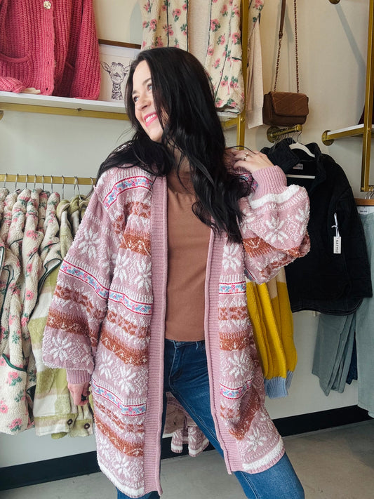 POL

Designed in balloon sleeve relaxed fit open-front cardigan sweater in acrylic with trim.

--------------------------------------------------------------------------

Fabric Contents:

-&nbsp;100% POLYESTER

--------------------------------------------------------------------------

Specs/Dimensions: size small
- BUST: 24"
- LENGTH (Front and Back): 32-1/2"
- SLEEVE: 21-1/2"
- SHOULDER: 21-1/2"