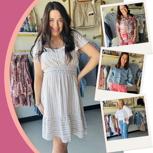 Tan and white lightweight striped dress, light denim haigh-waisted barrel jeans, oversized denim sweater top, bright floral button up top