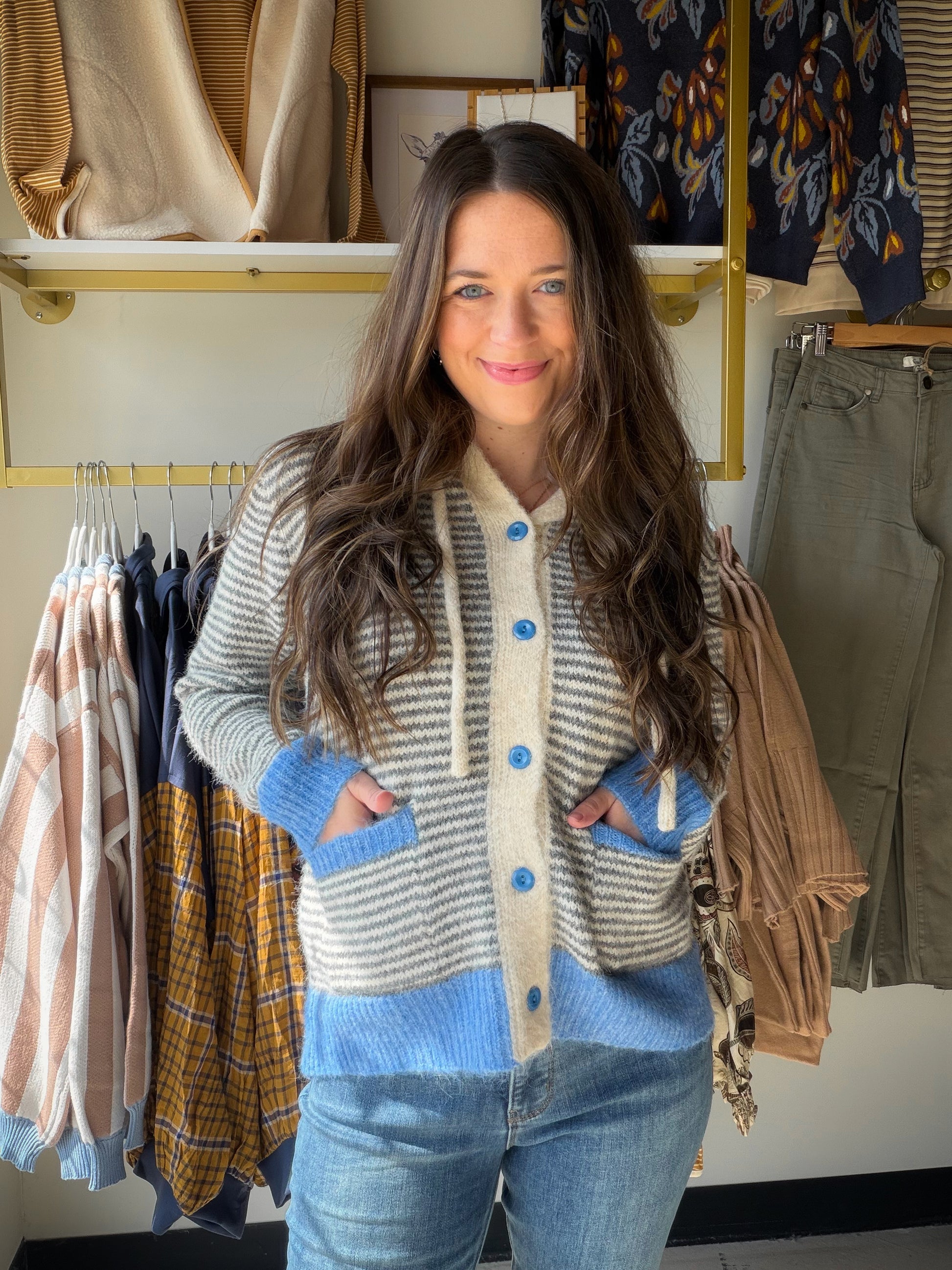 The hoodie, elevated. The&nbsp;Blue Gray Contrast Button Hoodie by Staccato takes your favorite relaxed silhouette and gives it a boutique twist — a cool blue-gray colorway with contrast button detailing that makes it look intentional, not just thrown on. Soft, stretchy fabric with just the right amount of ease for all-day comfort that still looks put together.

Why You'll Love It

Blue-gray colorway — a cool, versatile neutral that pairs with everything
Contrast button detailing — the elevated touch that s