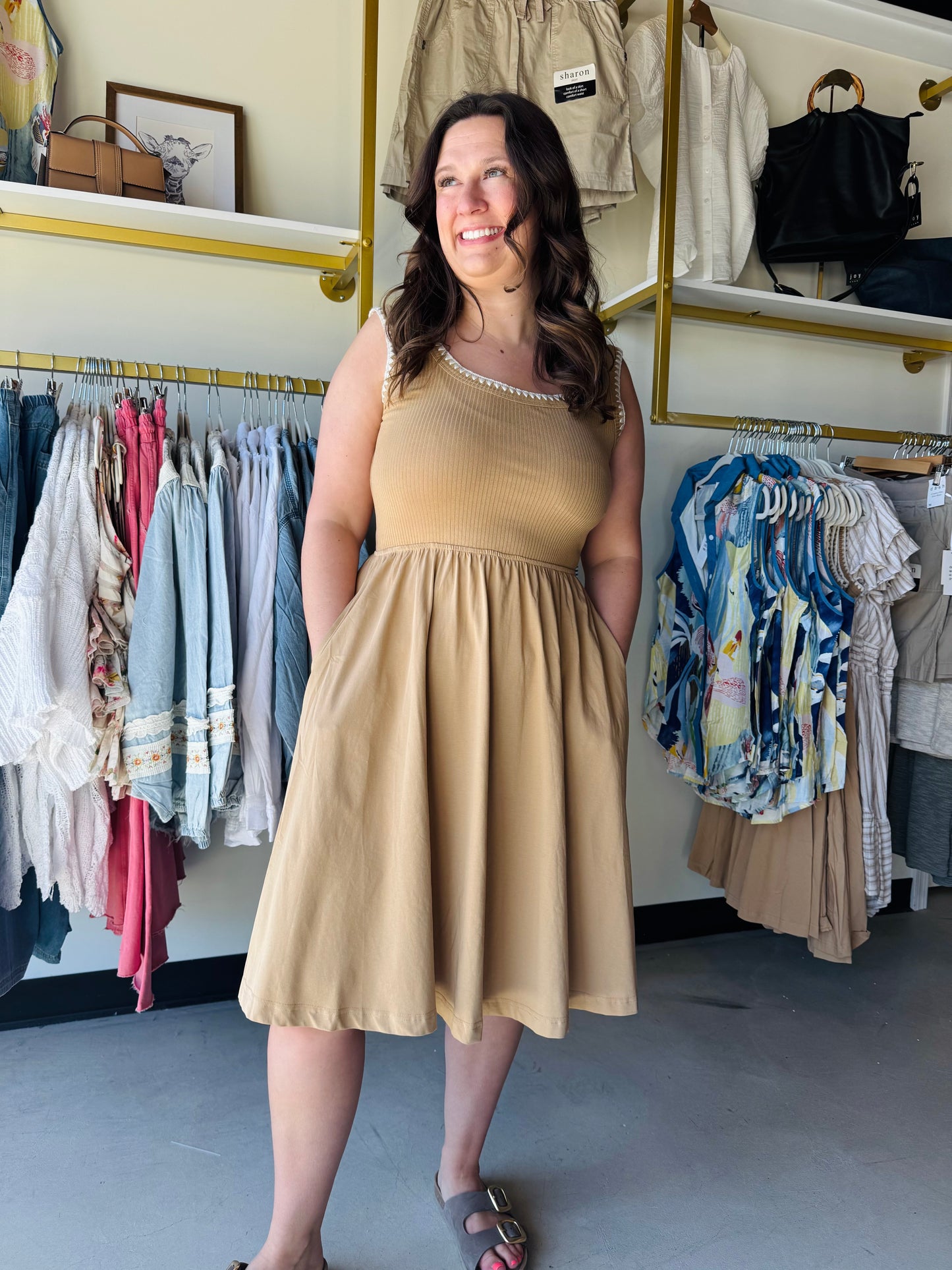 Staccato

Elevate your everyday wardrobe with this Staccato camel midi dress, featuring intricate blanket stitch detailing and a flattering cinched waist. Blending a cozy ribbed bodice with a flowy skirt and functional pockets, it’s the ultimate balance of boho-chic style and effortless comfort.

Flattering cinched waist silhouette
Essential side pockets for convenience
Intricate white blanket stitch trim
Comfortable ribbed knit bodice
Versatile camel neutral earth tone
Effortless flowy midi-length skirt
So