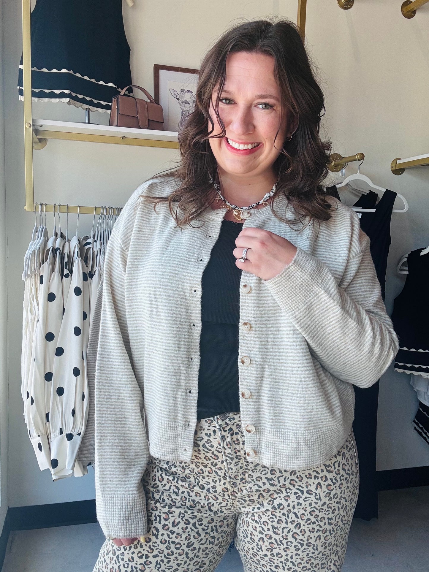 Wishlist&nbsp;

This lightweight cardigan features classic stripes and functional buttons for easy layering. Crafted from incredibly soft fabric, it's perfect for transitional weather or adding warmth without bulk. The relaxed fit makes it ideal for casual days or dressing up your favorite basics. A versatile piece that works with everything in your wardrobe.