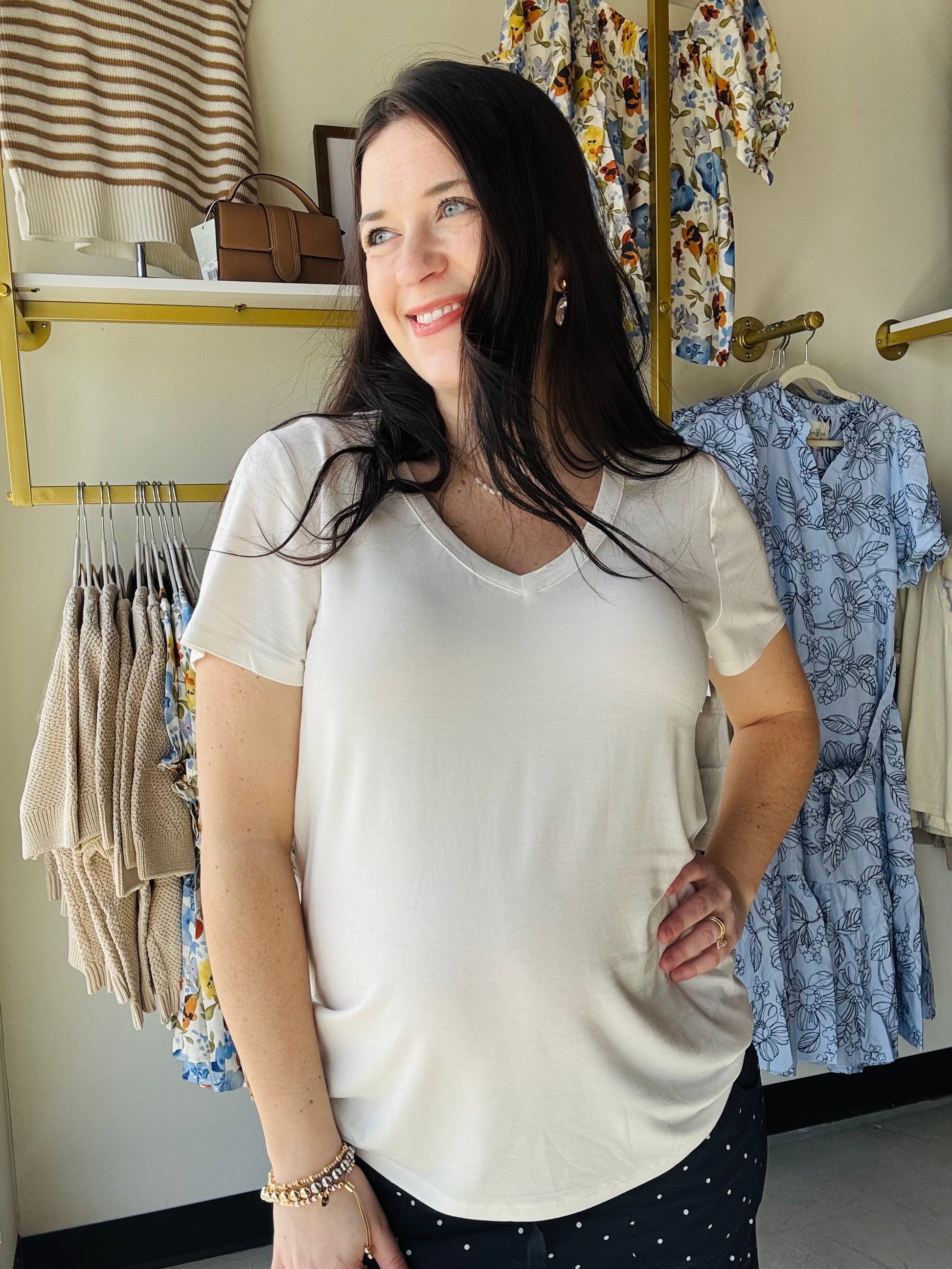 Recreation by Thread &amp; Supply

Style Description:

The new buttery soft tee of your dreams. Classic short-sleeve tee featured in a relaxed fit with a V-neckline.

V&nbsp;neckline
Relaxed fit
Measurements for a size small:

Length: 25.5"&nbsp;
Chest: 18"
Sleeve length: 7"
Fabric Content/Care:&nbsp;

95% Lenzing Modal
5% Spandex
Machine Wash Cold