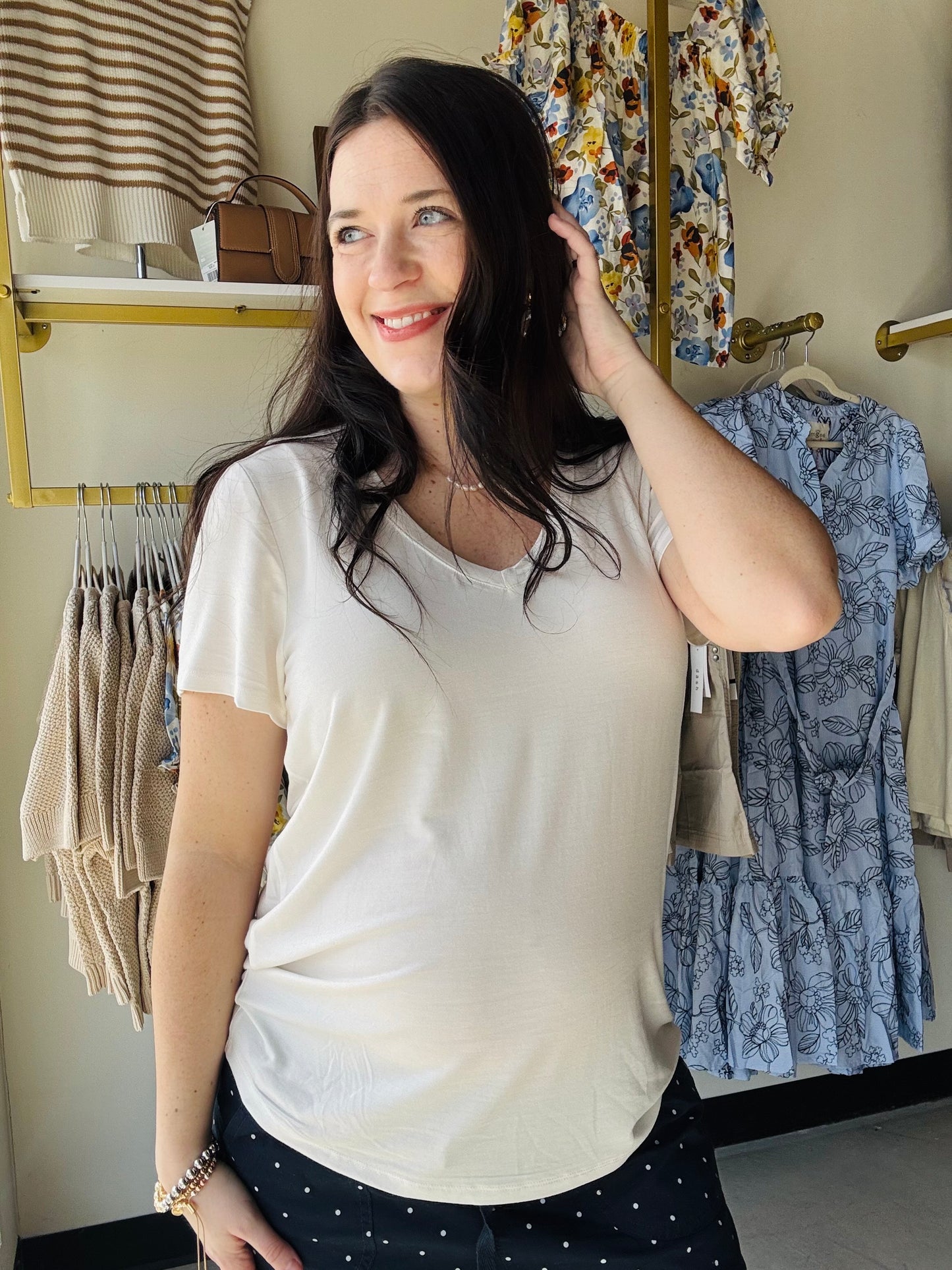 Recreation by Thread &amp; Supply

Style Description:

The new buttery soft tee of your dreams. Classic short-sleeve tee featured in a relaxed fit with a V-neckline.

V&nbsp;neckline
Relaxed fit
Measurements for a size small:

Length: 25.5"&nbsp;
Chest: 18"
Sleeve length: 7"
Fabric Content/Care:&nbsp;

95% Lenzing Modal
5% Spandex
Machine Wash Cold