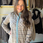 Thread &amp; Supply

The perfect throw-on-the-go layer, this relaxed, button-down top features a soft fabrication with denim trim details, and a plaid design for a timeworn feel.

Collared neckline
Contrast collar &amp; button placket
Full button front closure
Dual chest pockets
Measurements for a size small:

Length: 26.5"
Chest: 19.5"
Sleeve length: 24.5"
Sweep: 20.5"
Fabric Content/Care:&nbsp;

62% Polyester
33% Viscose
5% Elastane
Machine Wash Cold