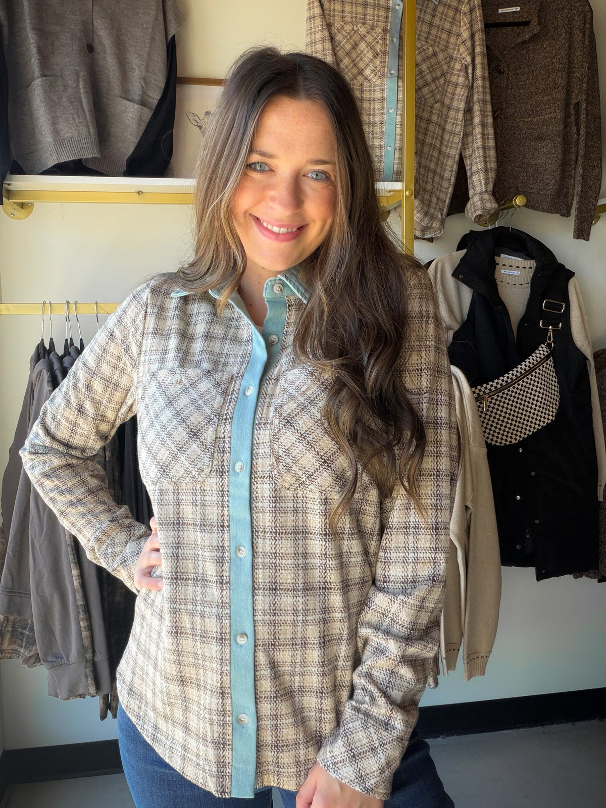 Thread &amp; Supply

The perfect throw-on-the-go layer, this relaxed, button-down top features a soft fabrication with denim trim details, and a plaid design for a timeworn feel.

Collared neckline
Contrast collar &amp; button placket
Full button front closure
Dual chest pockets
Measurements for a size small:

Length: 26.5"
Chest: 19.5"
Sleeve length: 24.5"
Sweep: 20.5"
Fabric Content/Care:&nbsp;

62% Polyester
33% Viscose
5% Elastane
Machine Wash Cold